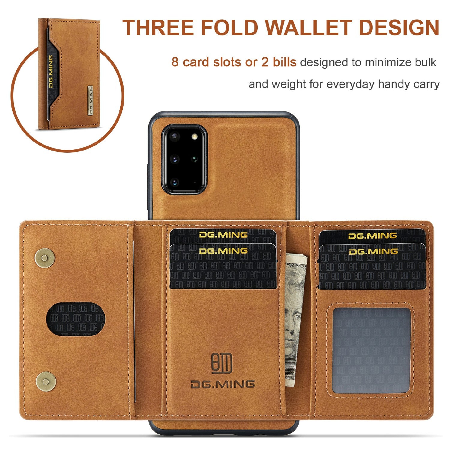 DG.MING M2 Series Anti-drop Magnetic Wallet Design with Kickstand  Leather Coated Hybrid Case for Samsung Galaxy S20 Plus - Brown