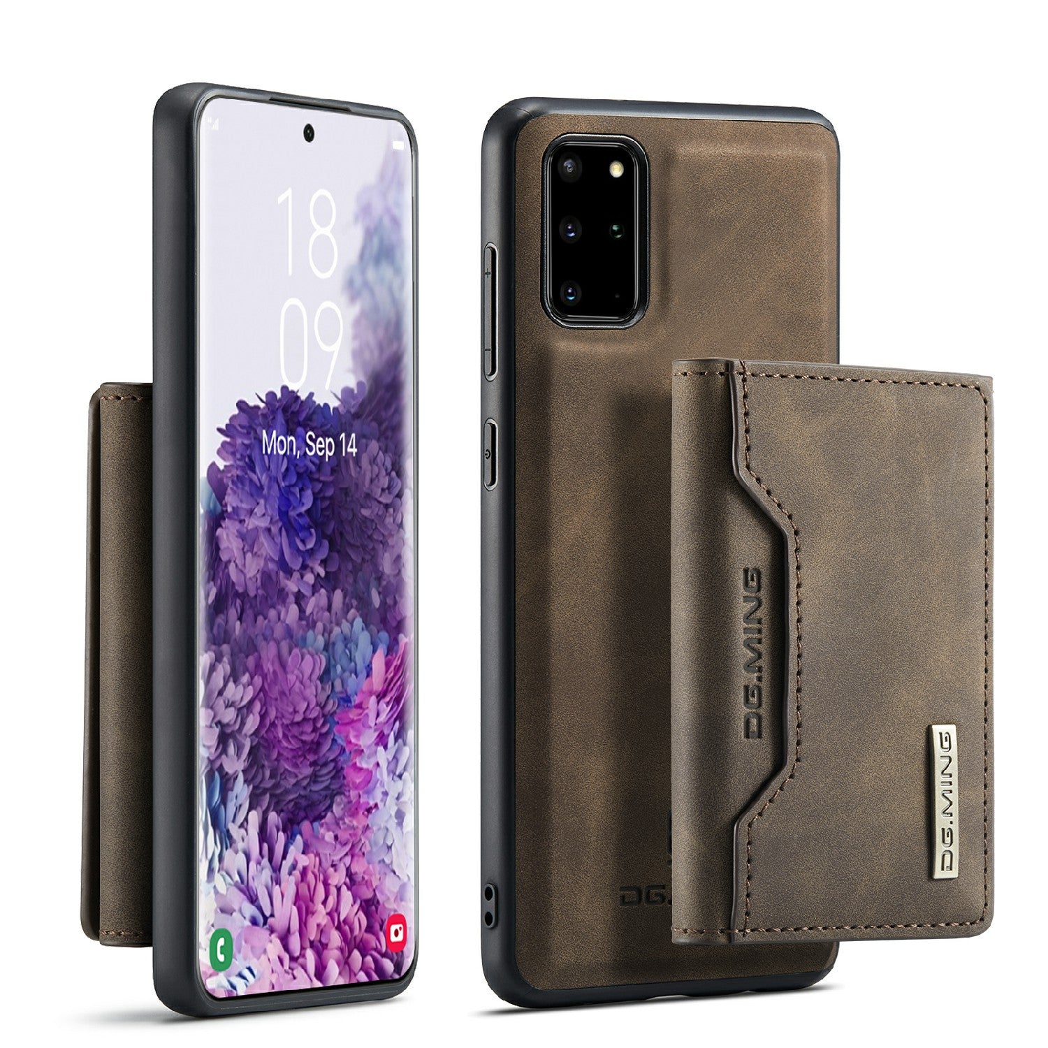 DG.MING M2 Series Anti-drop Magnetic Wallet Design with Kickstand  Leather Coated Hybrid Case for Samsung Galaxy S20 Plus - Coffee