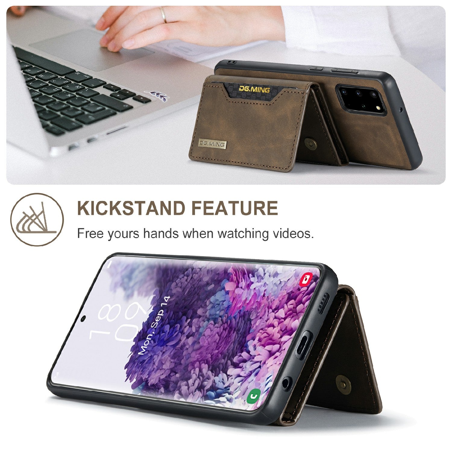 DG.MING M2 Series Anti-drop Magnetic Wallet Design with Kickstand  Leather Coated Hybrid Case for Samsung Galaxy S20 Plus - Coffee