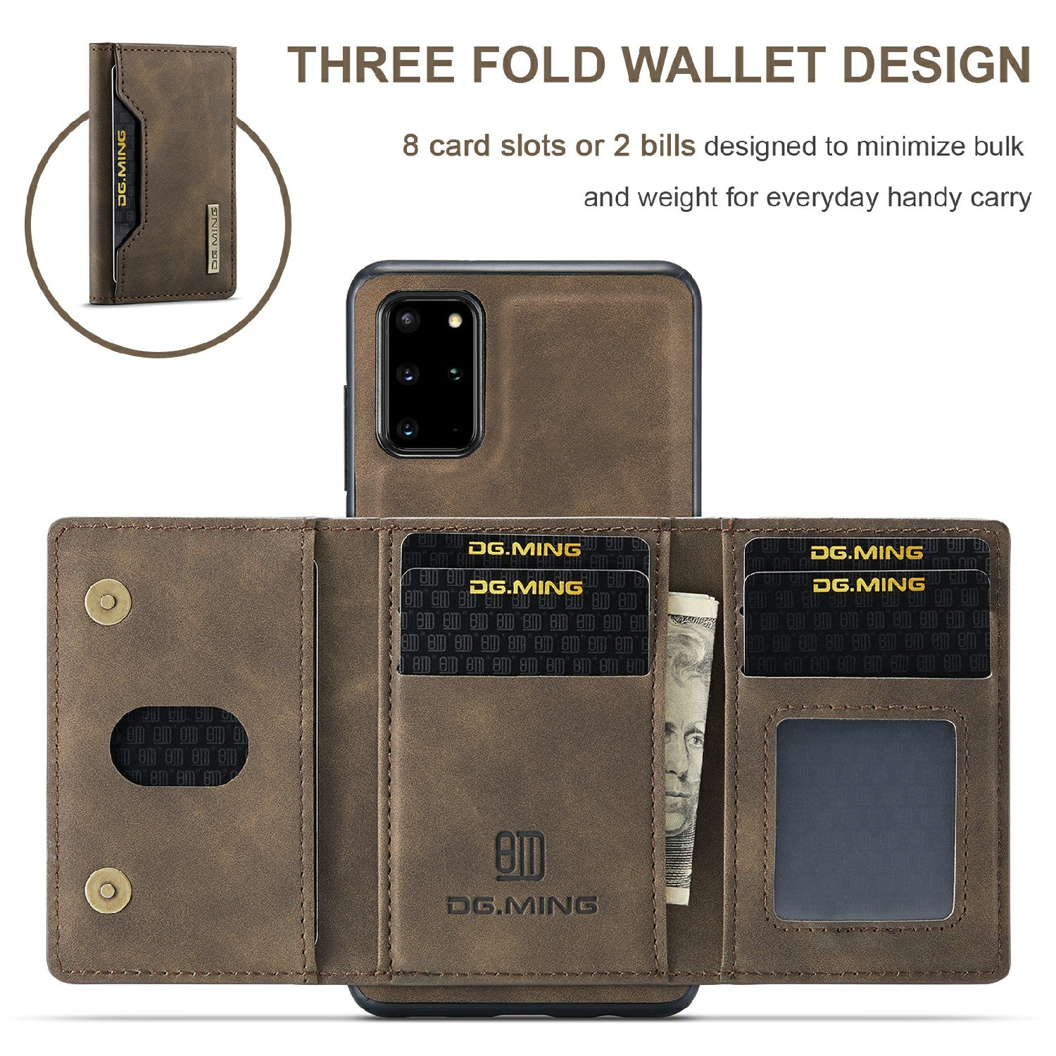 DG.MING M2 Series Anti-drop Magnetic Wallet Design with Kickstand  Leather Coated Hybrid Case for Samsung Galaxy S20 Plus - Coffee