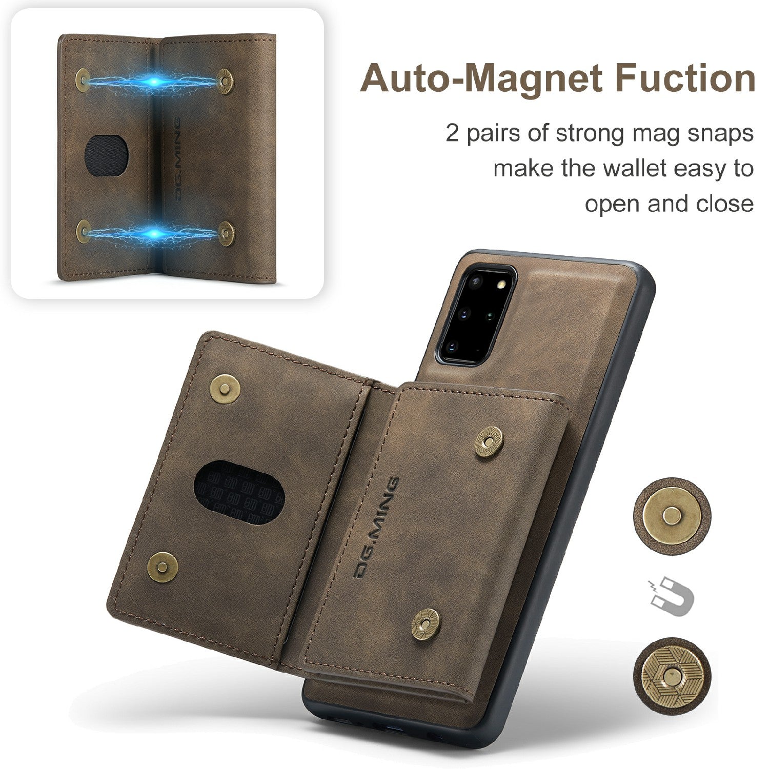 DG.MING M2 Series Anti-drop Magnetic Wallet Design with Kickstand  Leather Coated Hybrid Case for Samsung Galaxy S20 Plus - Coffee