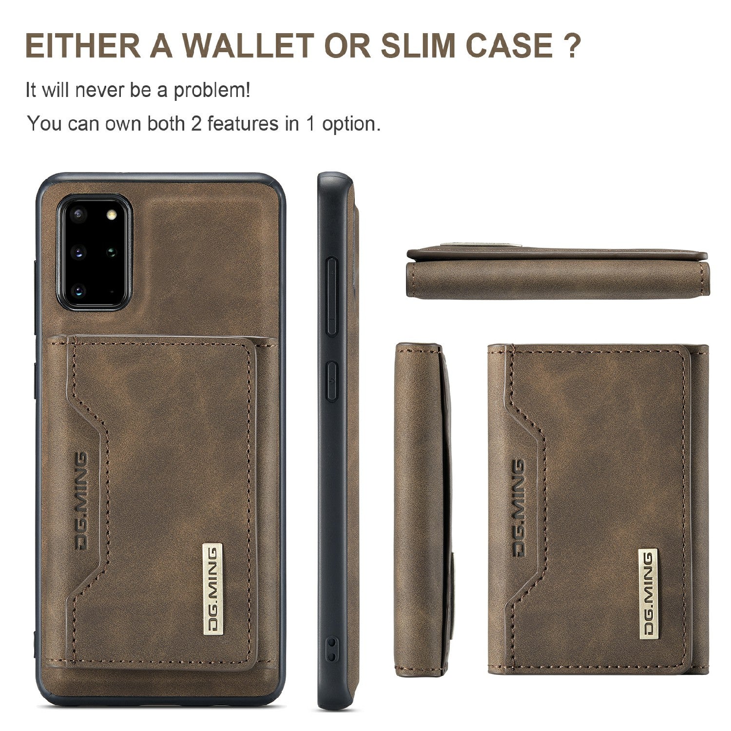 DG.MING M2 Series Anti-drop Magnetic Wallet Design with Kickstand  Leather Coated Hybrid Case for Samsung Galaxy S20 Plus - Coffee