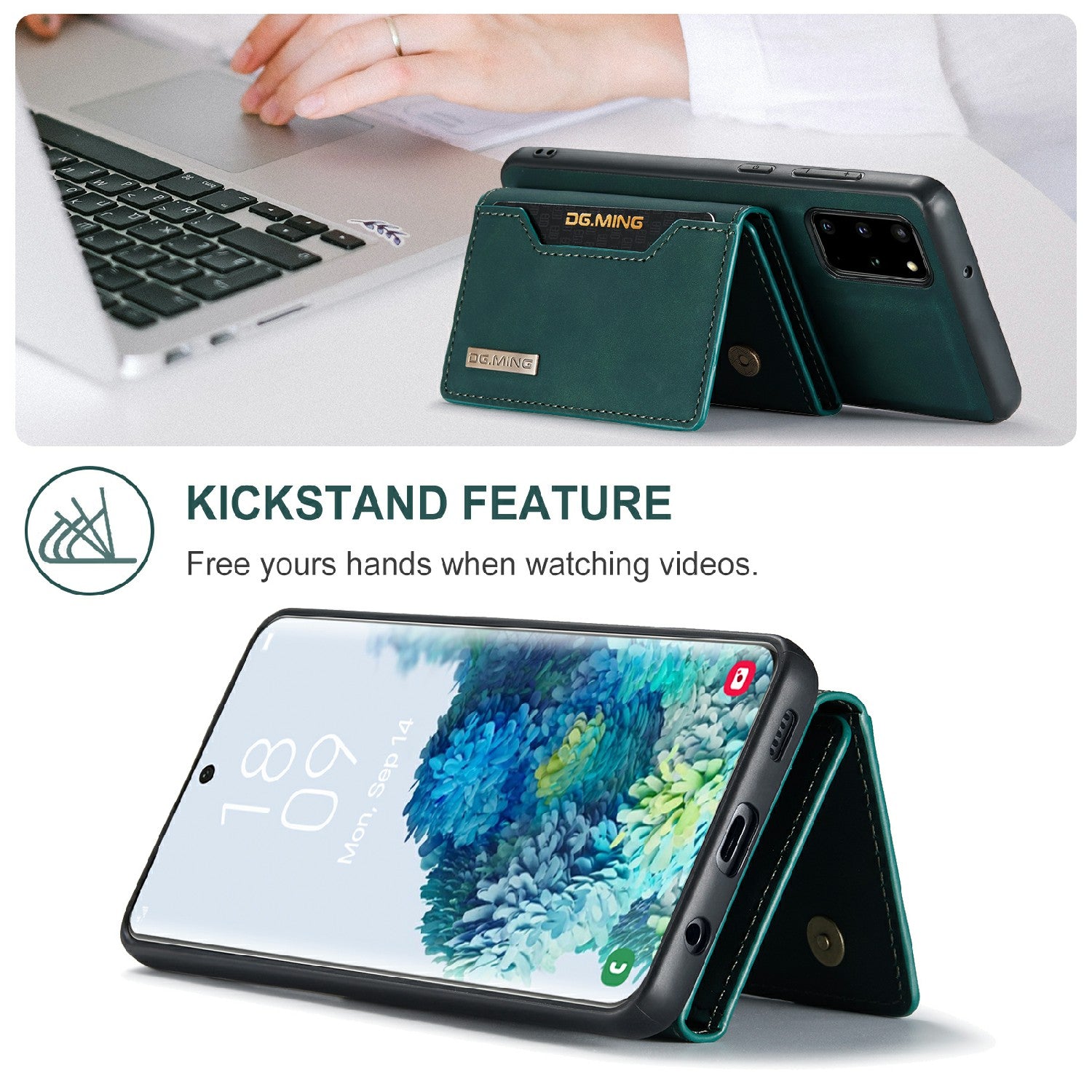 DG.MING M2 Series Anti-drop Magnetic Wallet Design with Kickstand  Leather Coated Hybrid Case for Samsung Galaxy S20 Plus - Green