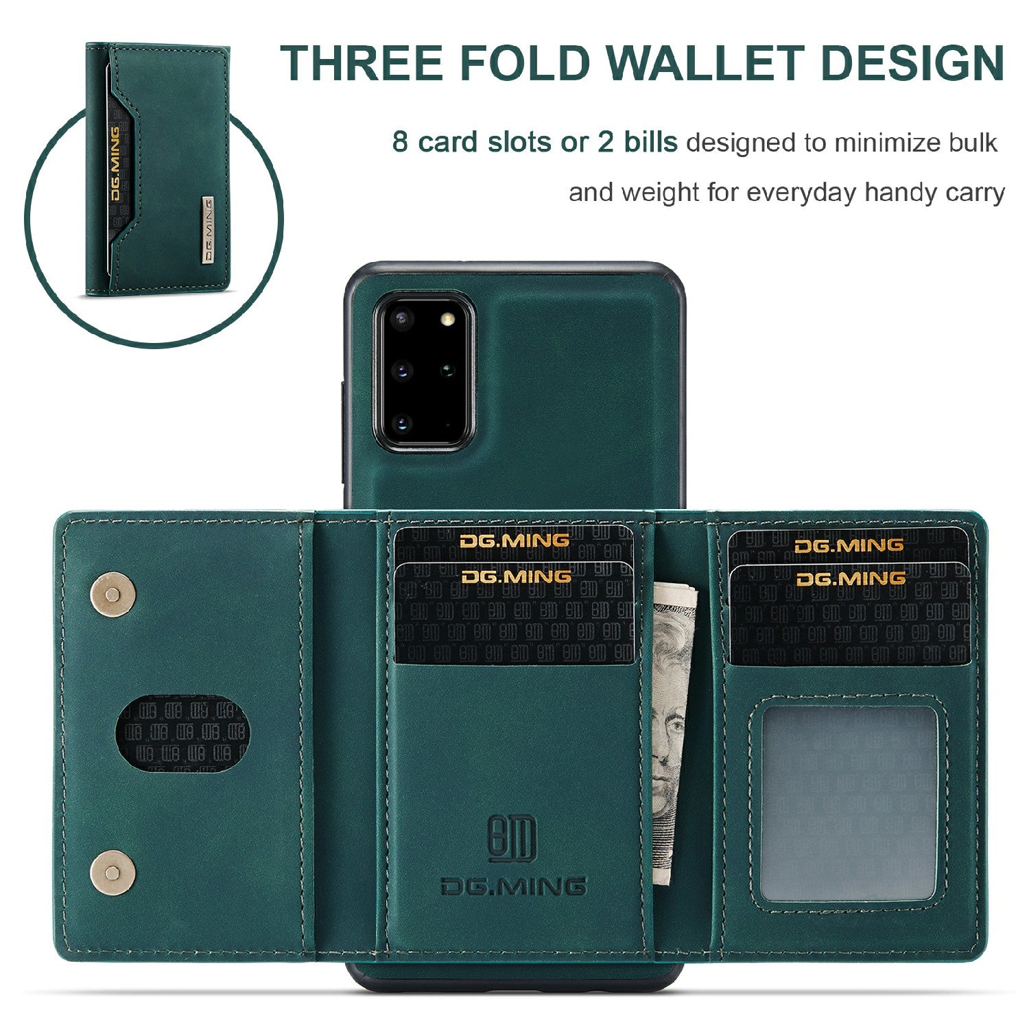 DG.MING M2 Series Anti-drop Magnetic Wallet Design with Kickstand  Leather Coated Hybrid Case for Samsung Galaxy S20 Plus - Green