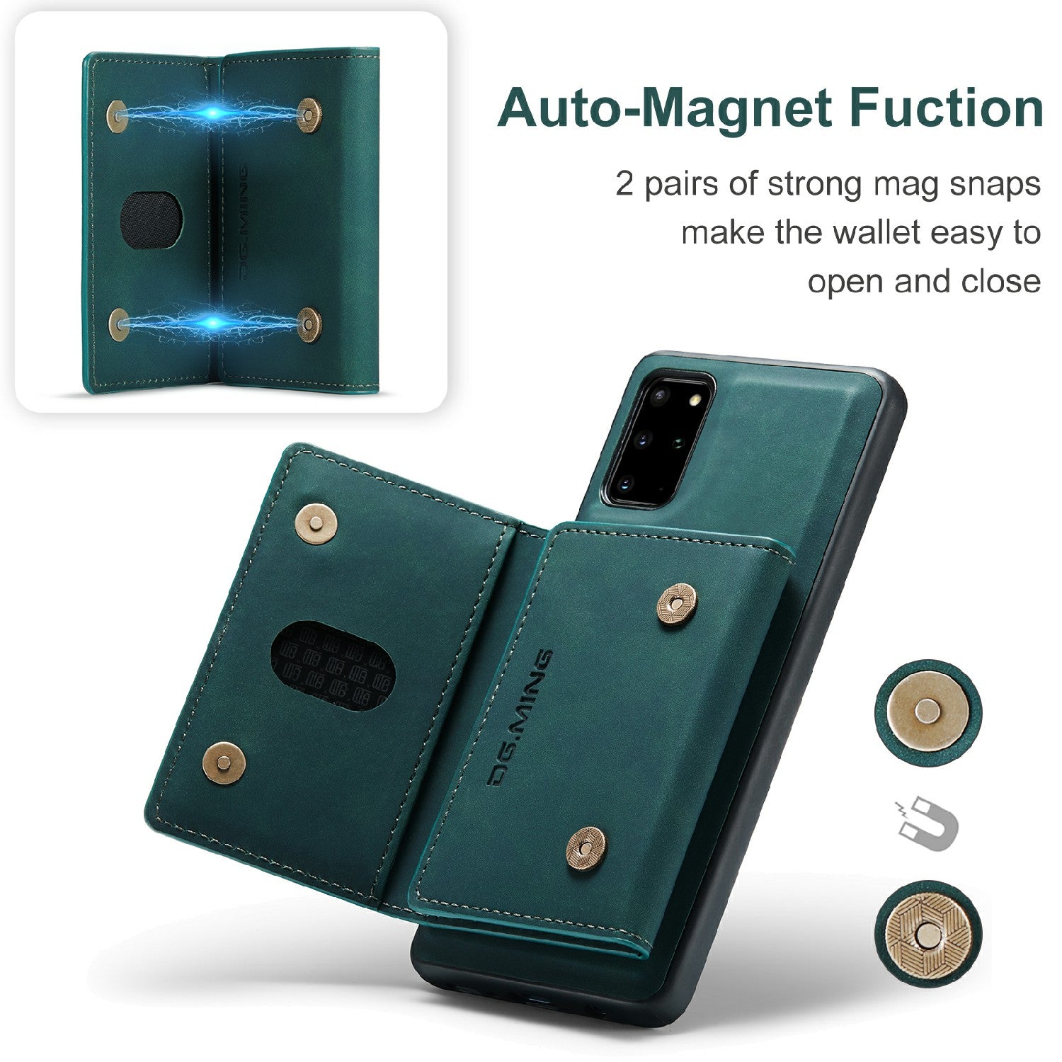 DG.MING M2 Series Anti-drop Magnetic Wallet Design with Kickstand  Leather Coated Hybrid Case for Samsung Galaxy S20 Plus - Green