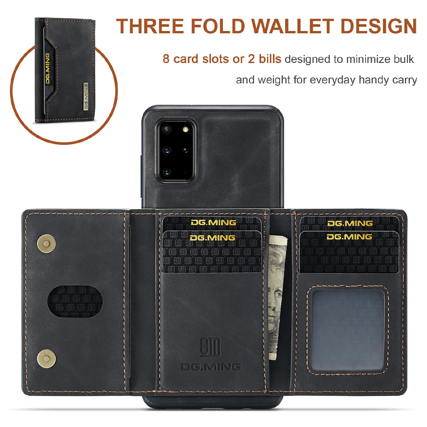 DG.MING M2 Series Anti-drop Magnetic Wallet Design with Kickstand  Leather Coated Hybrid Case for Samsung Galaxy S20 Plus - Black