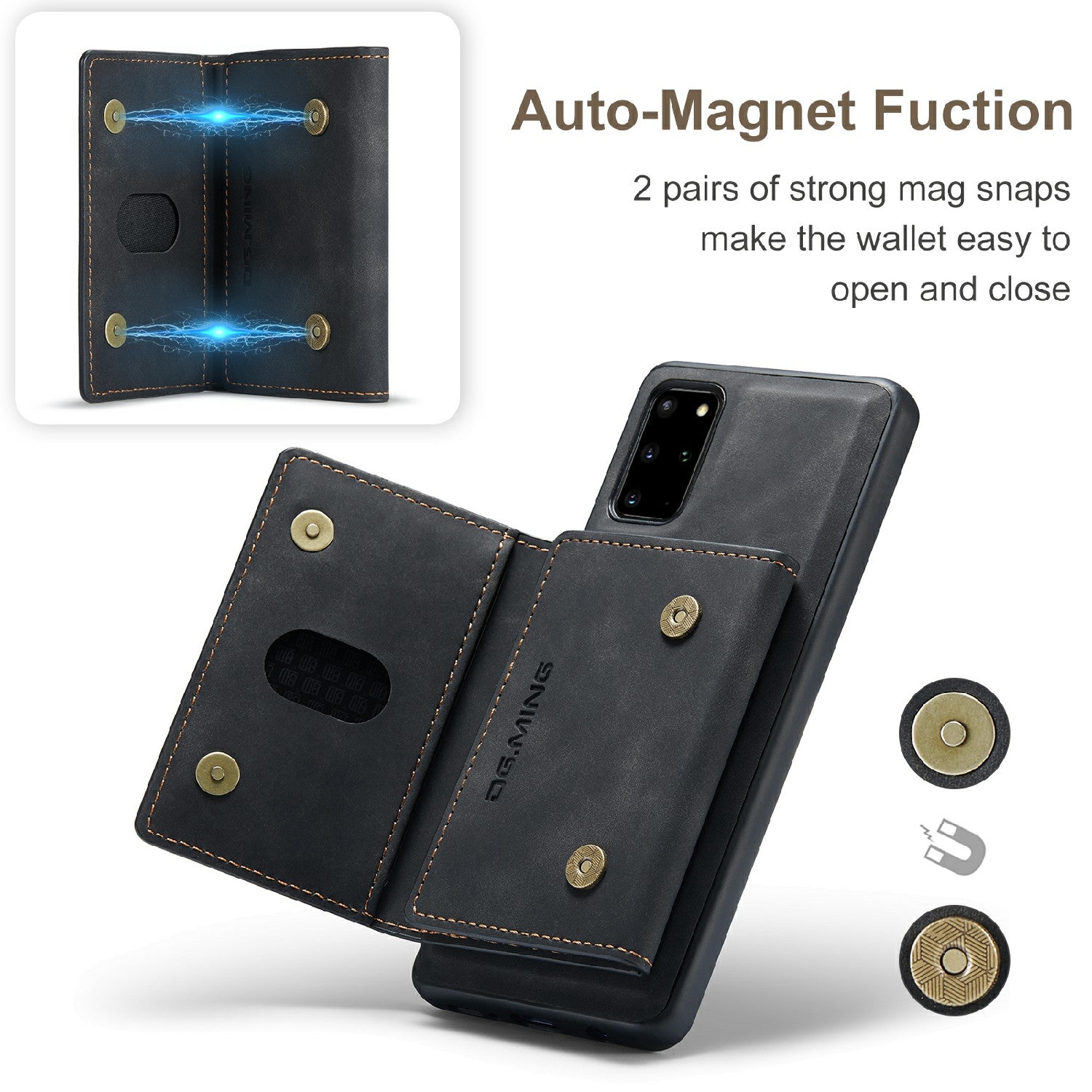 DG.MING M2 Series Anti-drop Magnetic Wallet Design with Kickstand  Leather Coated Hybrid Case for Samsung Galaxy S20 Plus - Black