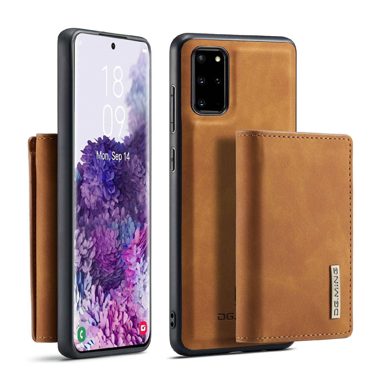 DG.MING M1 Series Magnetic Wallet Design Leather Coated Hybrid Phone Shell with Kickstand for Samsung Galaxy S20 Plus - Brown