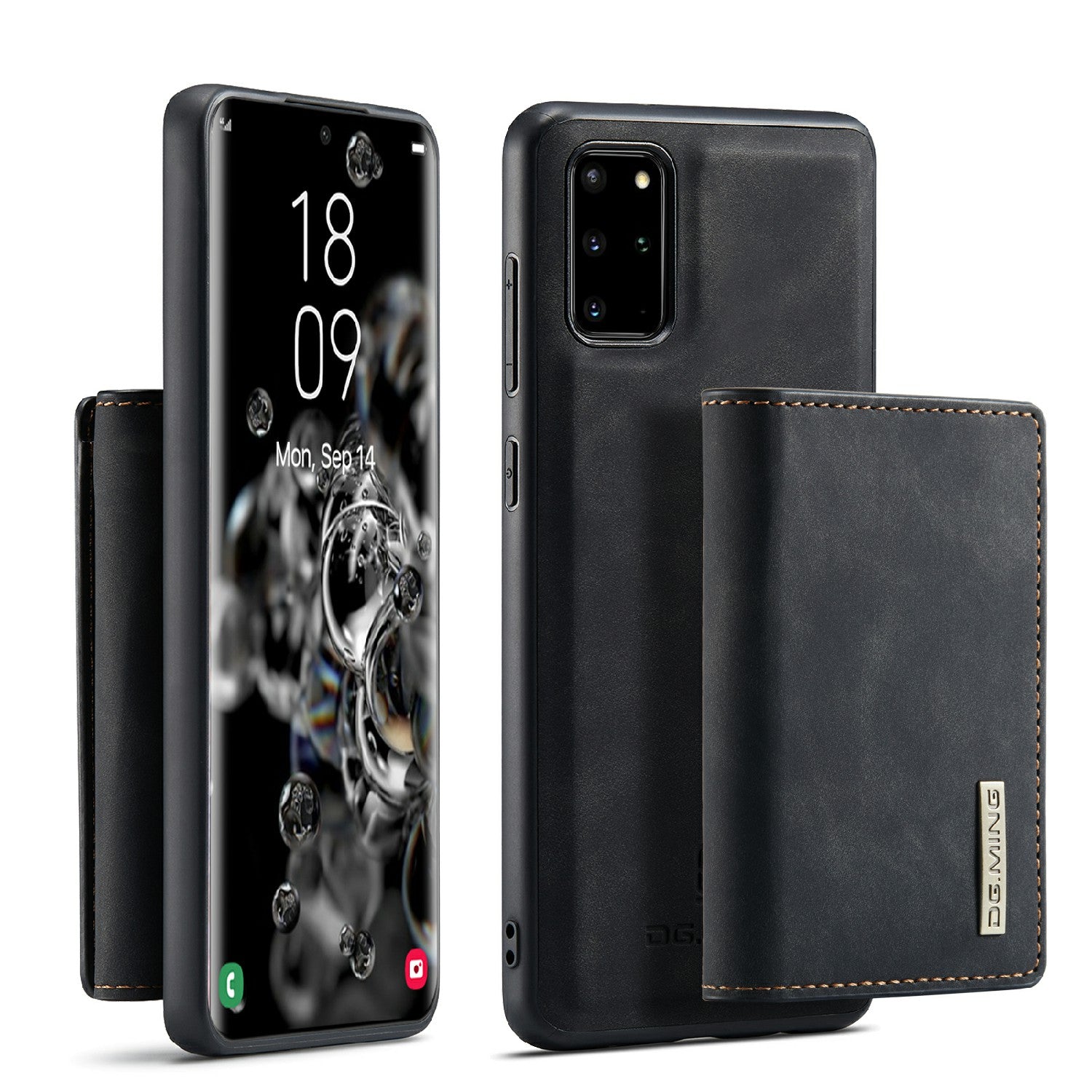 DG.MING M1 Series Magnetic Wallet Design Leather Coated Hybrid Phone Shell with Kickstand for Samsung Galaxy S20 Plus - Black