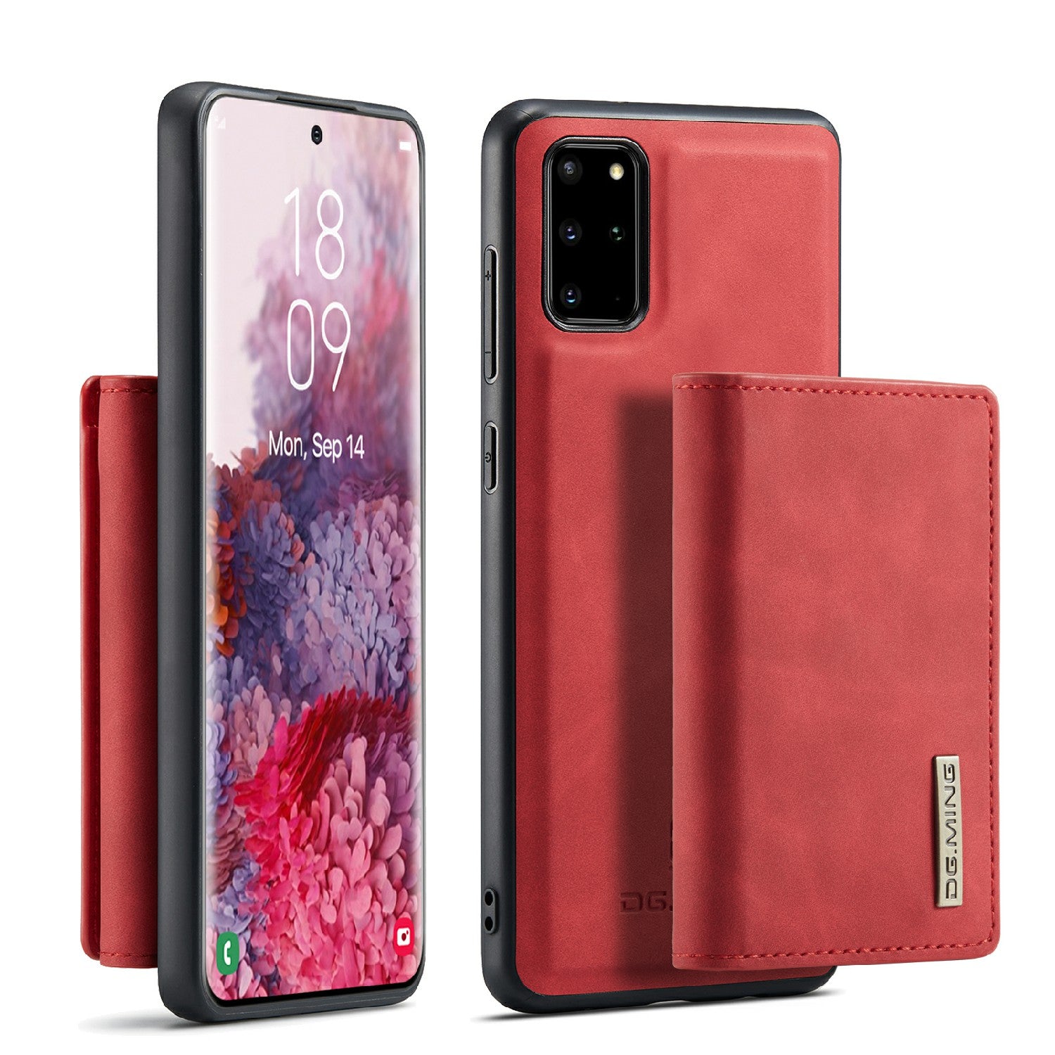 DG.MING M1 Series Magnetic Wallet Design Leather Coated Hybrid Phone Shell with Kickstand for Samsung Galaxy S20 Plus - Red