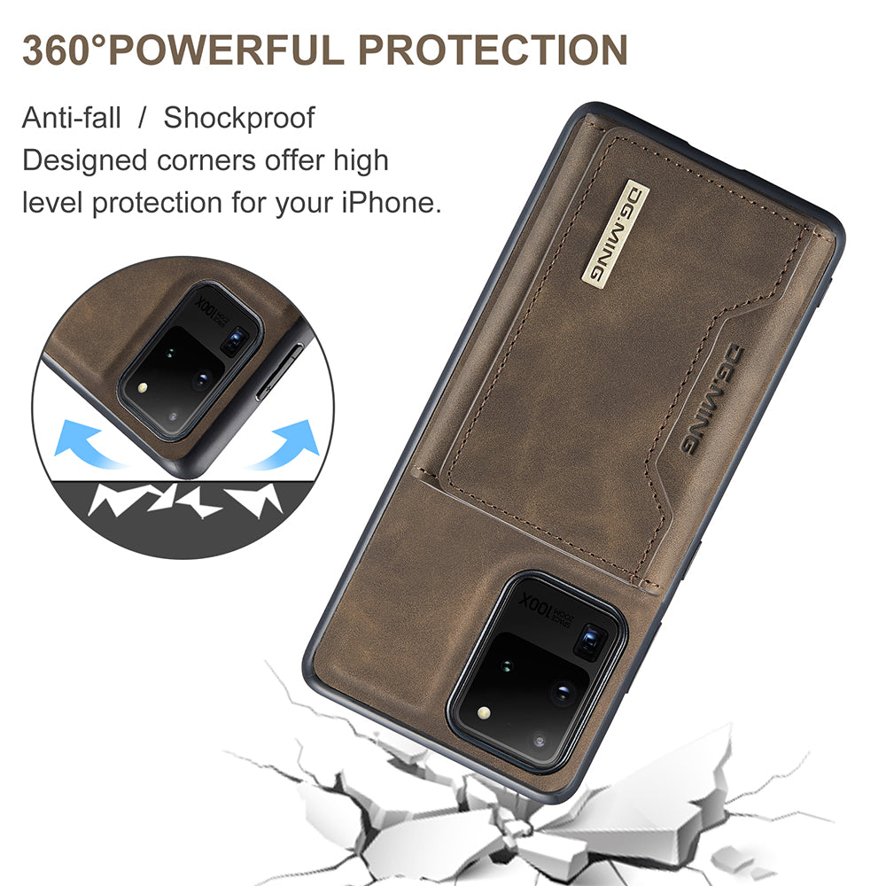 DG.MING M2 Series Tri-Fold Wallet Kickstand Design Magnetic Detachable Wireless Charging Hybrid Case for Samsung Galaxy S20 Ultra - Coffee