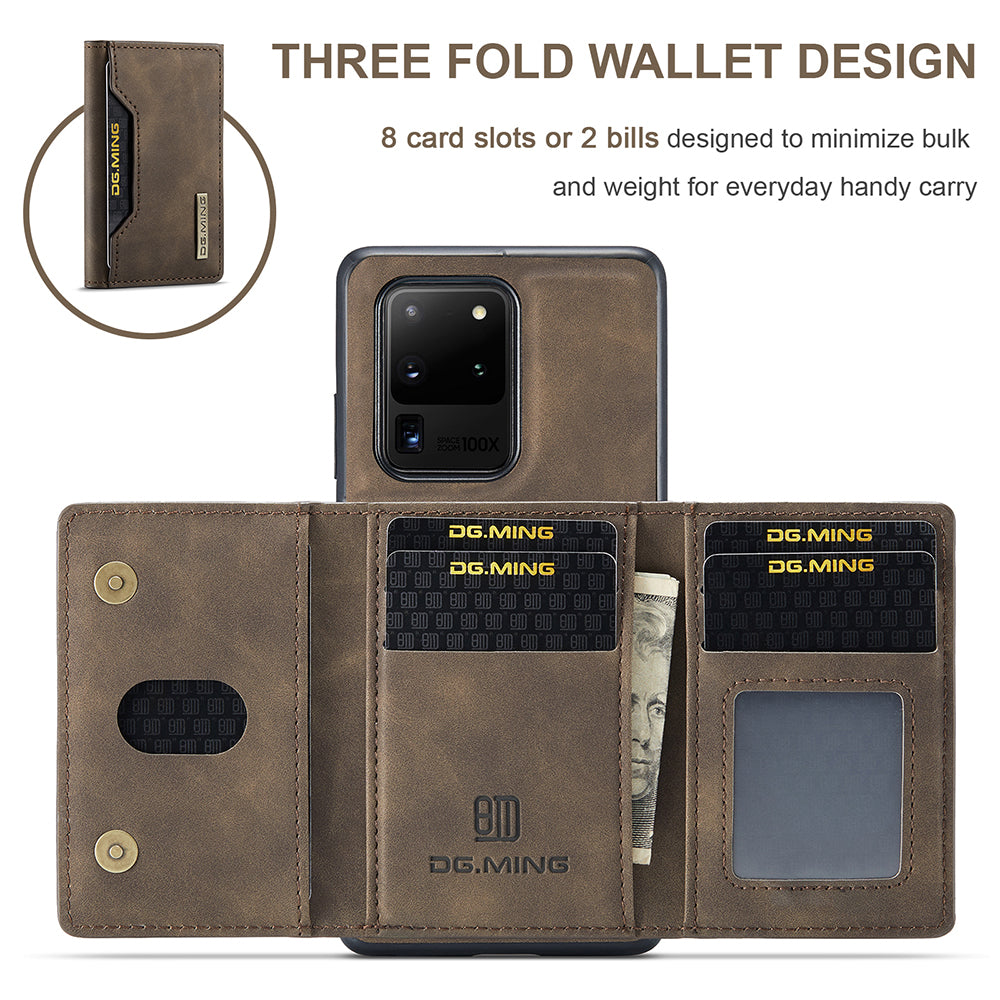 DG.MING M2 Series Tri-Fold Wallet Kickstand Design Magnetic Detachable Wireless Charging Hybrid Case for Samsung Galaxy S20 Ultra - Coffee