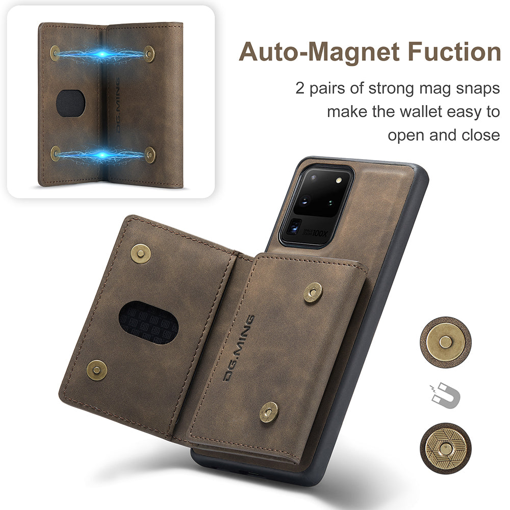 DG.MING M2 Series Tri-Fold Wallet Kickstand Design Magnetic Detachable Wireless Charging Hybrid Case for Samsung Galaxy S20 Ultra - Coffee