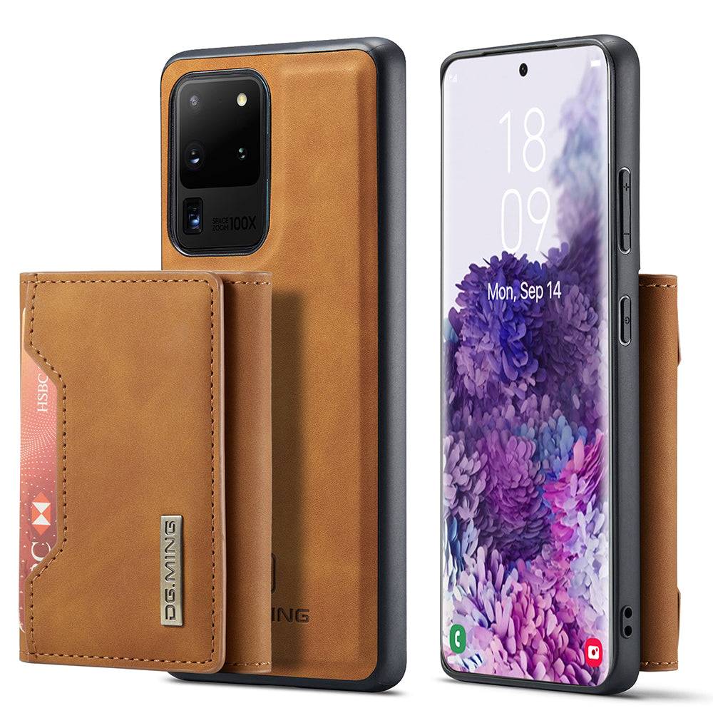 DG.MING M2 Series Tri-Fold Wallet Kickstand Design Magnetic Detachable Wireless Charging Hybrid Case for Samsung Galaxy S20 Ultra - Brown