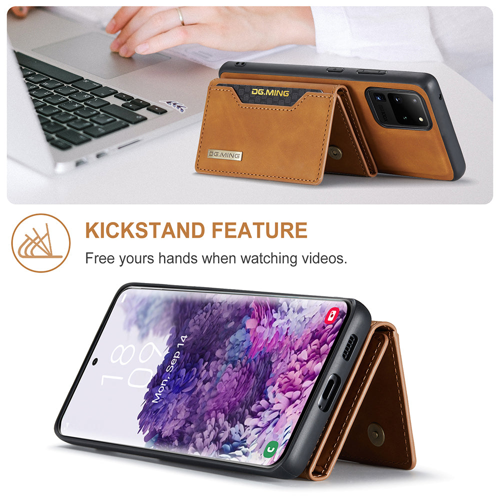 DG.MING M2 Series Tri-Fold Wallet Kickstand Design Magnetic Detachable Wireless Charging Hybrid Case for Samsung Galaxy S20 Ultra - Brown