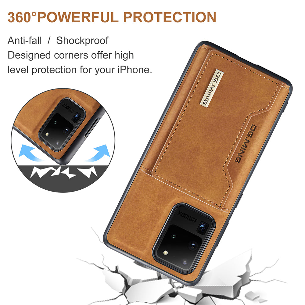 DG.MING M2 Series Tri-Fold Wallet Kickstand Design Magnetic Detachable Wireless Charging Hybrid Case for Samsung Galaxy S20 Ultra - Brown