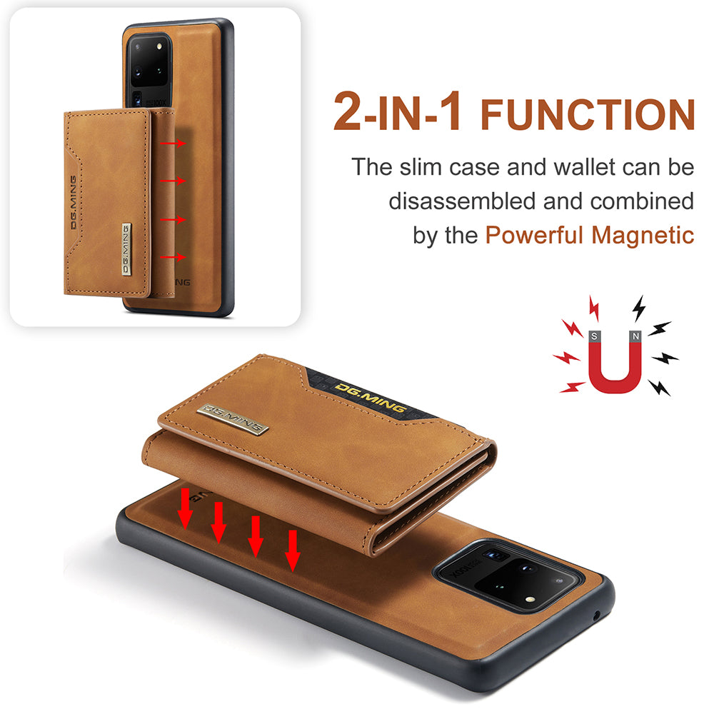 DG.MING M2 Series Tri-Fold Wallet Kickstand Design Magnetic Detachable Wireless Charging Hybrid Case for Samsung Galaxy S20 Ultra - Brown