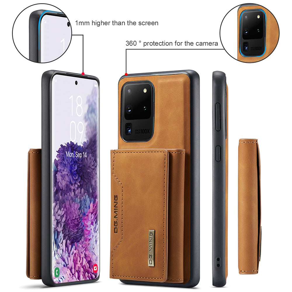 DG.MING M2 Series Tri-Fold Wallet Kickstand Design Magnetic Detachable Wireless Charging Hybrid Case for Samsung Galaxy S20 Ultra - Brown