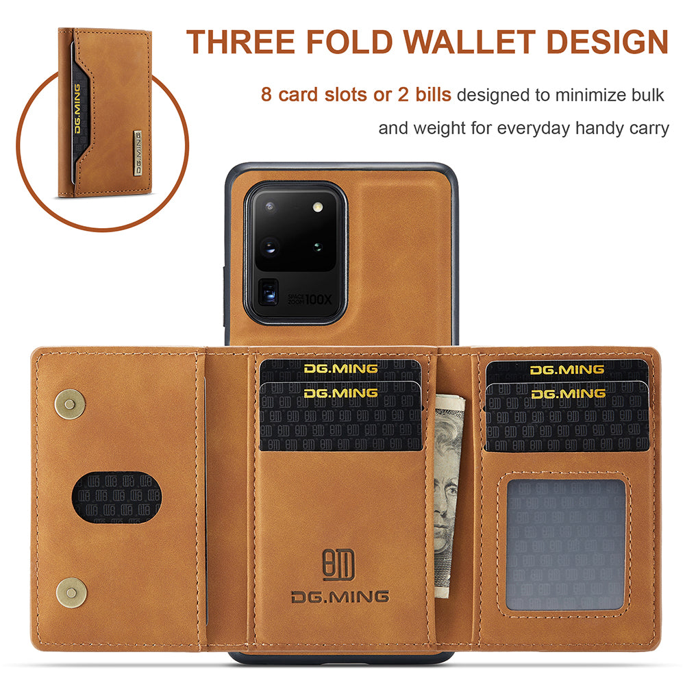 DG.MING M2 Series Tri-Fold Wallet Kickstand Design Magnetic Detachable Wireless Charging Hybrid Case for Samsung Galaxy S20 Ultra - Brown