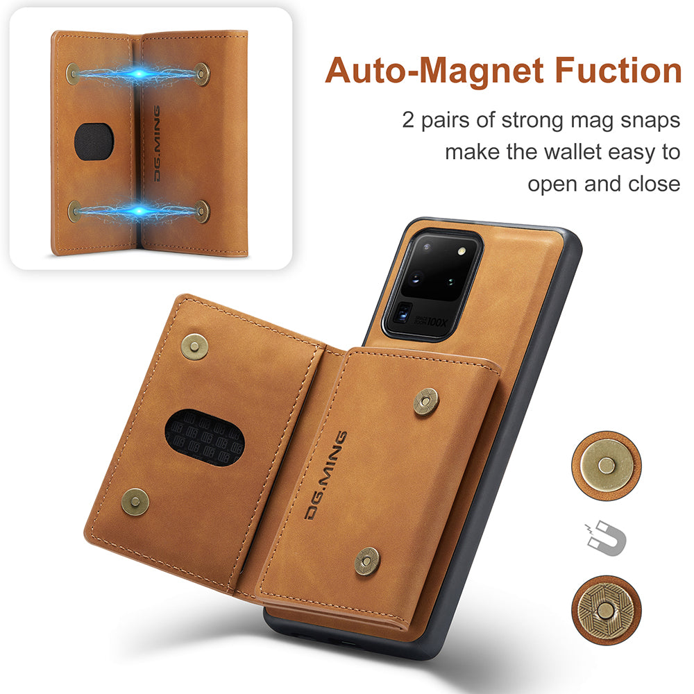 DG.MING M2 Series Tri-Fold Wallet Kickstand Design Magnetic Detachable Wireless Charging Hybrid Case for Samsung Galaxy S20 Ultra - Brown