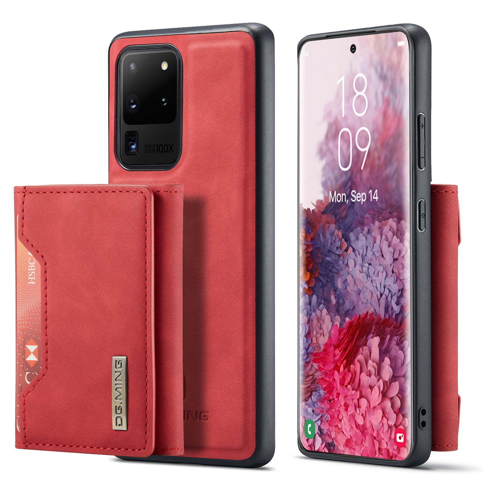 DG.MING M2 Series Tri-Fold Wallet Kickstand Design Magnetic Detachable Wireless Charging Hybrid Case for Samsung Galaxy S20 Ultra - Red