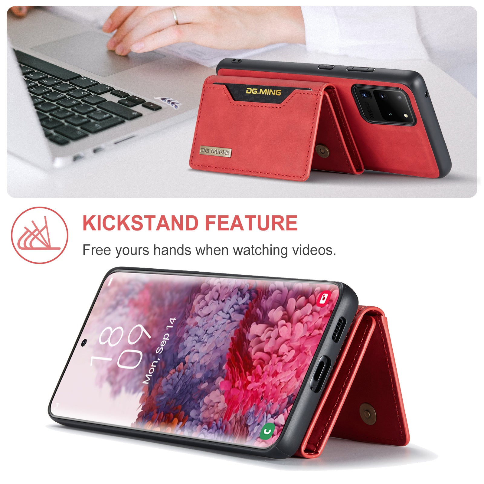 DG.MING M2 Series Tri-Fold Wallet Kickstand Design Magnetic Detachable Wireless Charging Hybrid Case for Samsung Galaxy S20 Ultra - Red