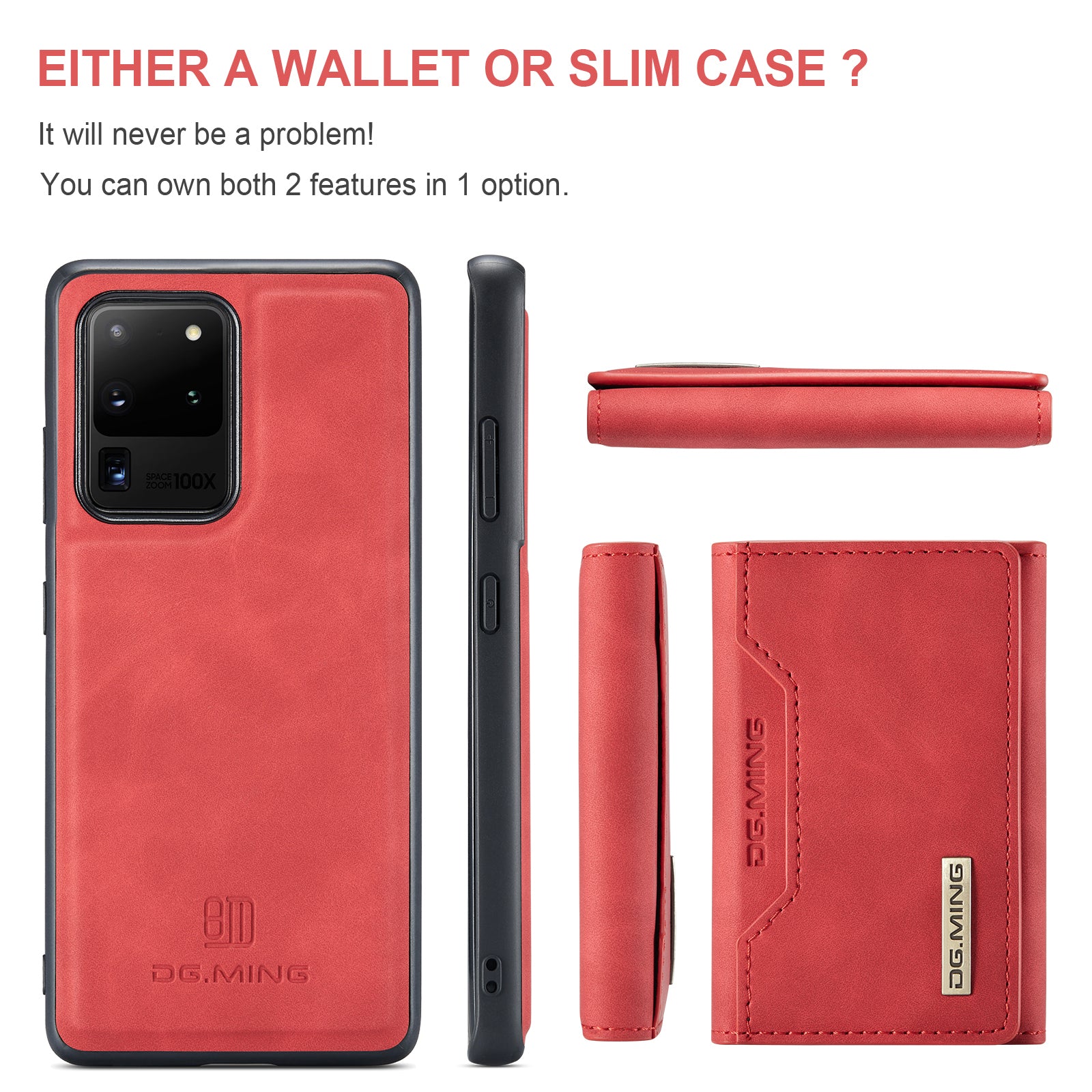 DG.MING M2 Series Tri-Fold Wallet Kickstand Design Magnetic Detachable Wireless Charging Hybrid Case for Samsung Galaxy S20 Ultra - Red