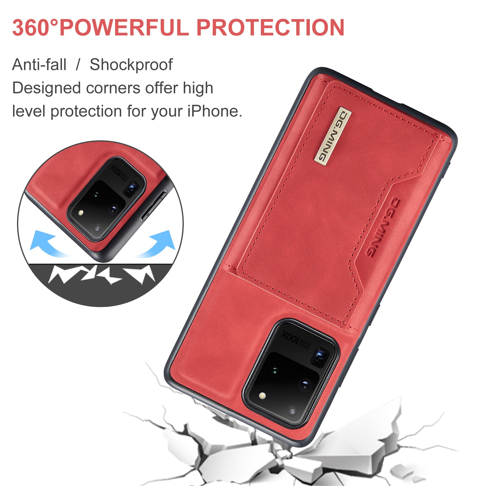 DG.MING M2 Series Tri-Fold Wallet Kickstand Design Magnetic Detachable Wireless Charging Hybrid Case for Samsung Galaxy S20 Ultra - Red