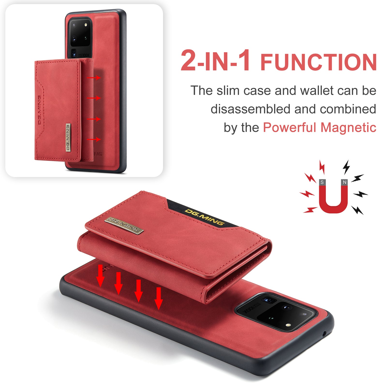 DG.MING M2 Series Tri-Fold Wallet Kickstand Design Magnetic Detachable Wireless Charging Hybrid Case for Samsung Galaxy S20 Ultra - Red