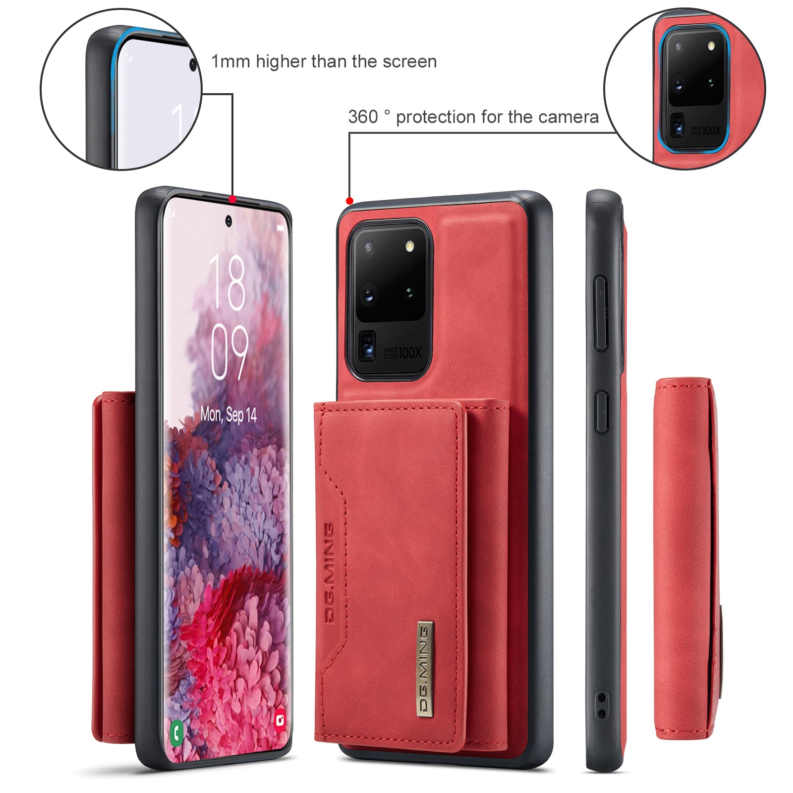 DG.MING M2 Series Tri-Fold Wallet Kickstand Design Magnetic Detachable Wireless Charging Hybrid Case for Samsung Galaxy S20 Ultra - Red