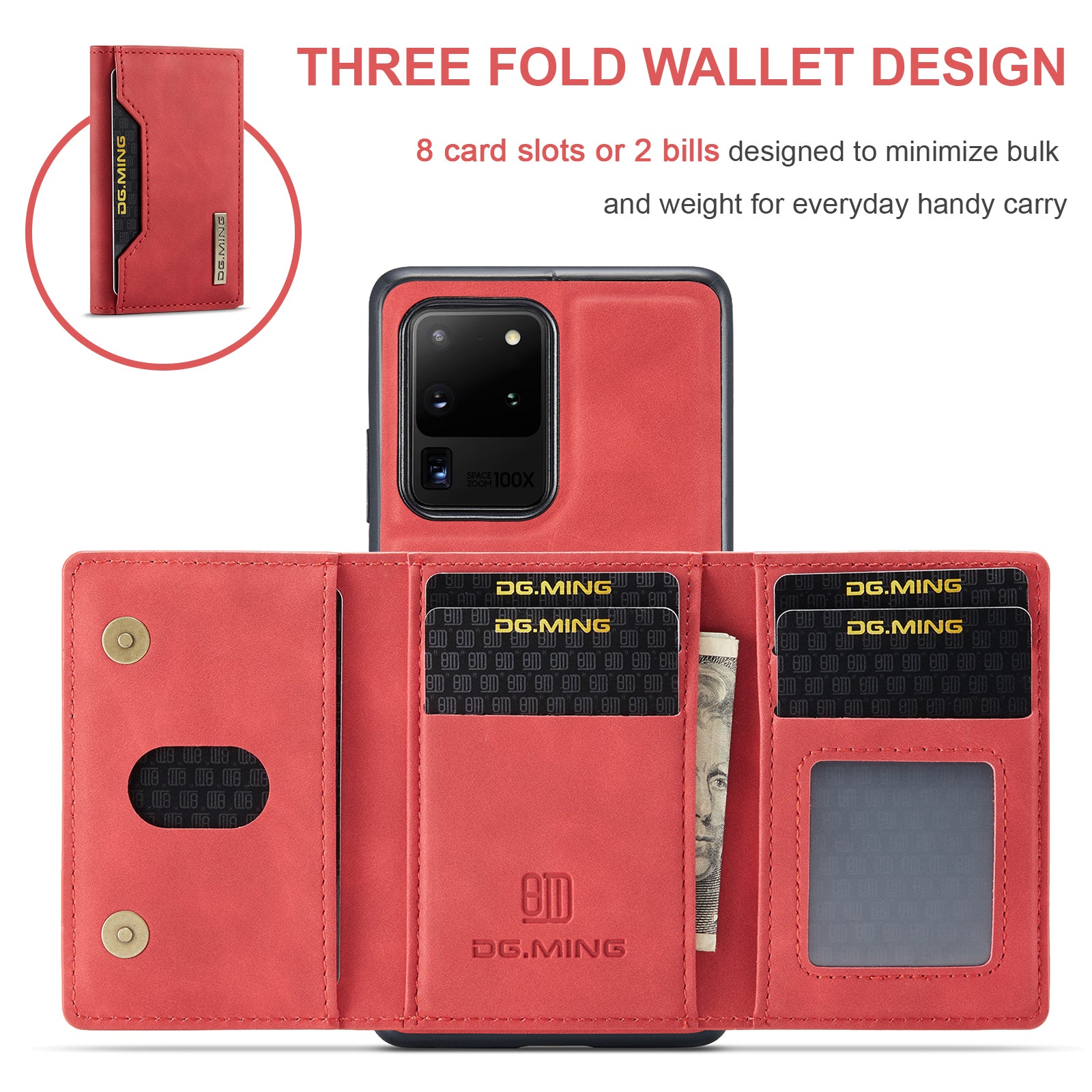 DG.MING M2 Series Tri-Fold Wallet Kickstand Design Magnetic Detachable Wireless Charging Hybrid Case for Samsung Galaxy S20 Ultra - Red