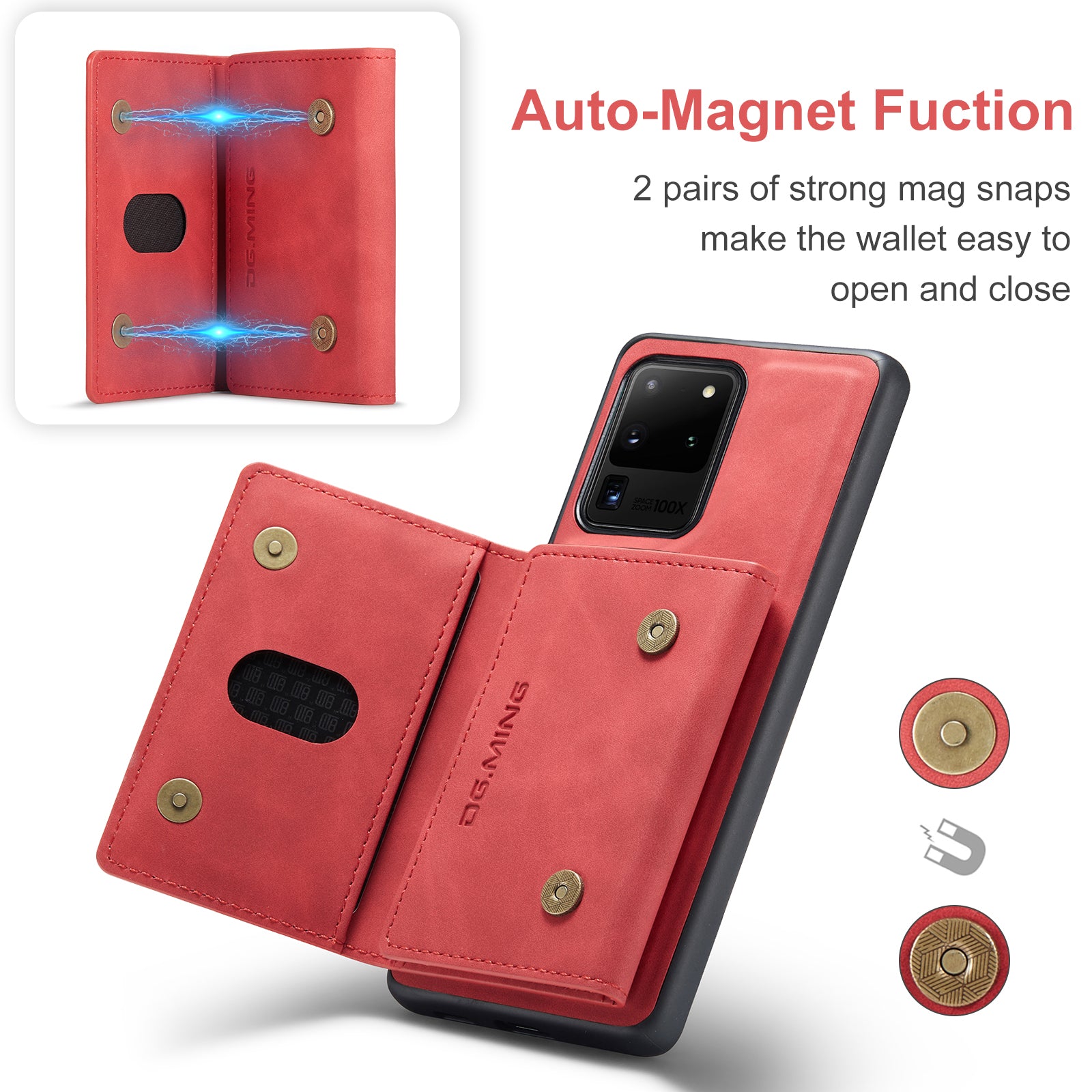 DG.MING M2 Series Tri-Fold Wallet Kickstand Design Magnetic Detachable Wireless Charging Hybrid Case for Samsung Galaxy S20 Ultra - Red