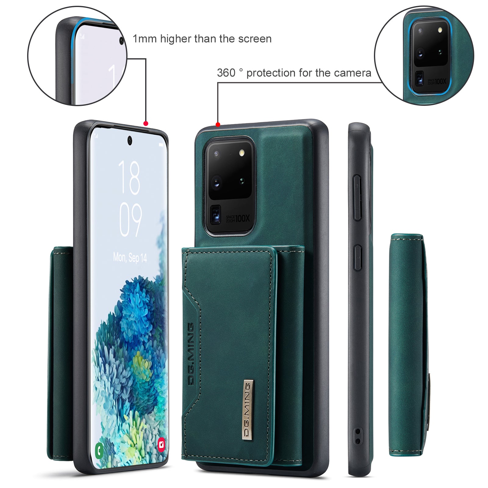 DG.MING M2 Series Tri-Fold Wallet Kickstand Design Magnetic Detachable Wireless Charging Hybrid Case for Samsung Galaxy S20 Ultra - Green