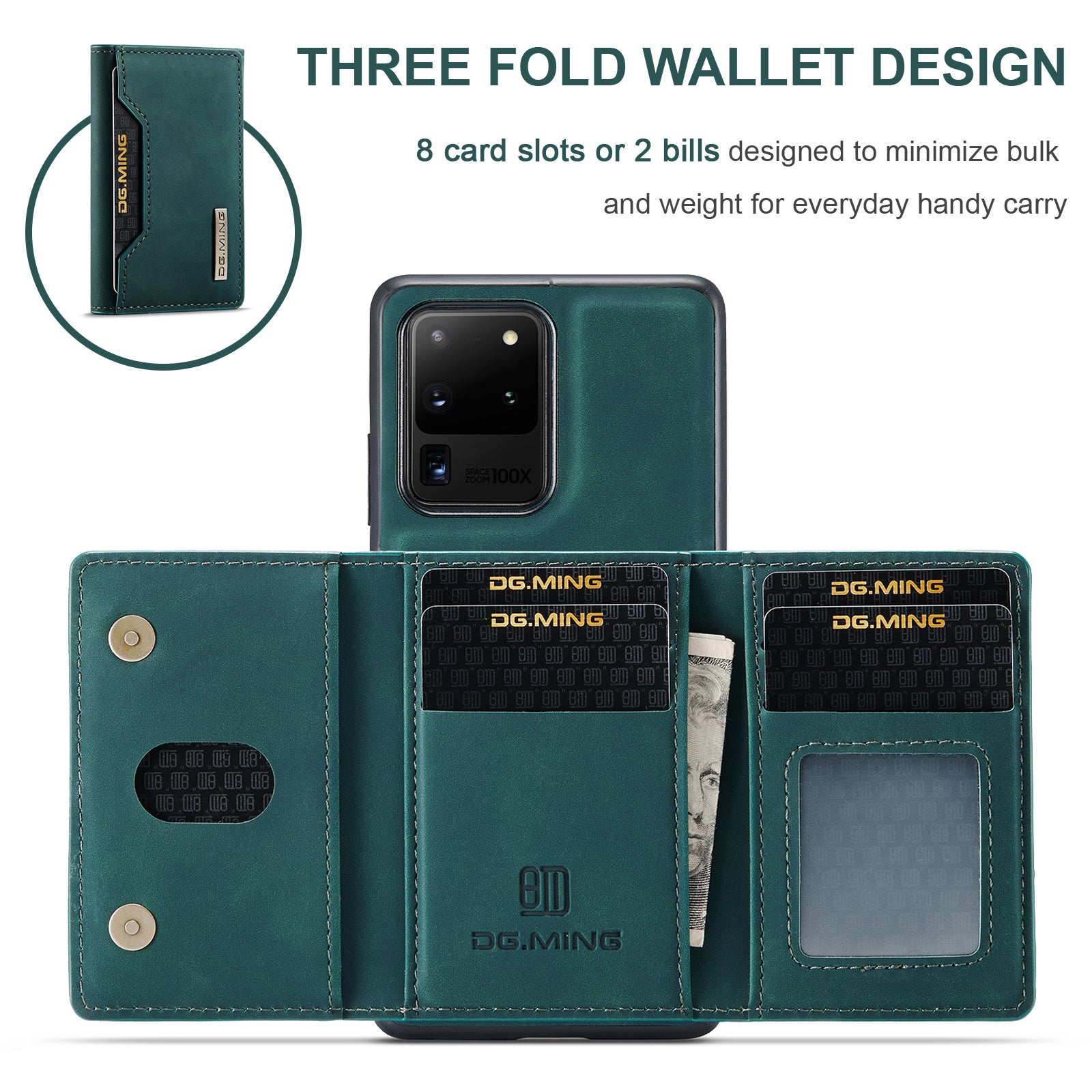 DG.MING M2 Series Tri-Fold Wallet Kickstand Design Magnetic Detachable Wireless Charging Hybrid Case for Samsung Galaxy S20 Ultra - Green