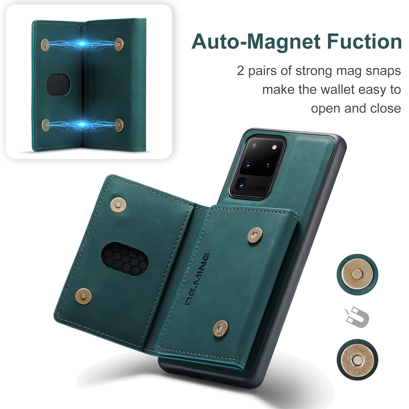 DG.MING M2 Series Tri-Fold Wallet Kickstand Design Magnetic Detachable Wireless Charging Hybrid Case for Samsung Galaxy S20 Ultra - Green