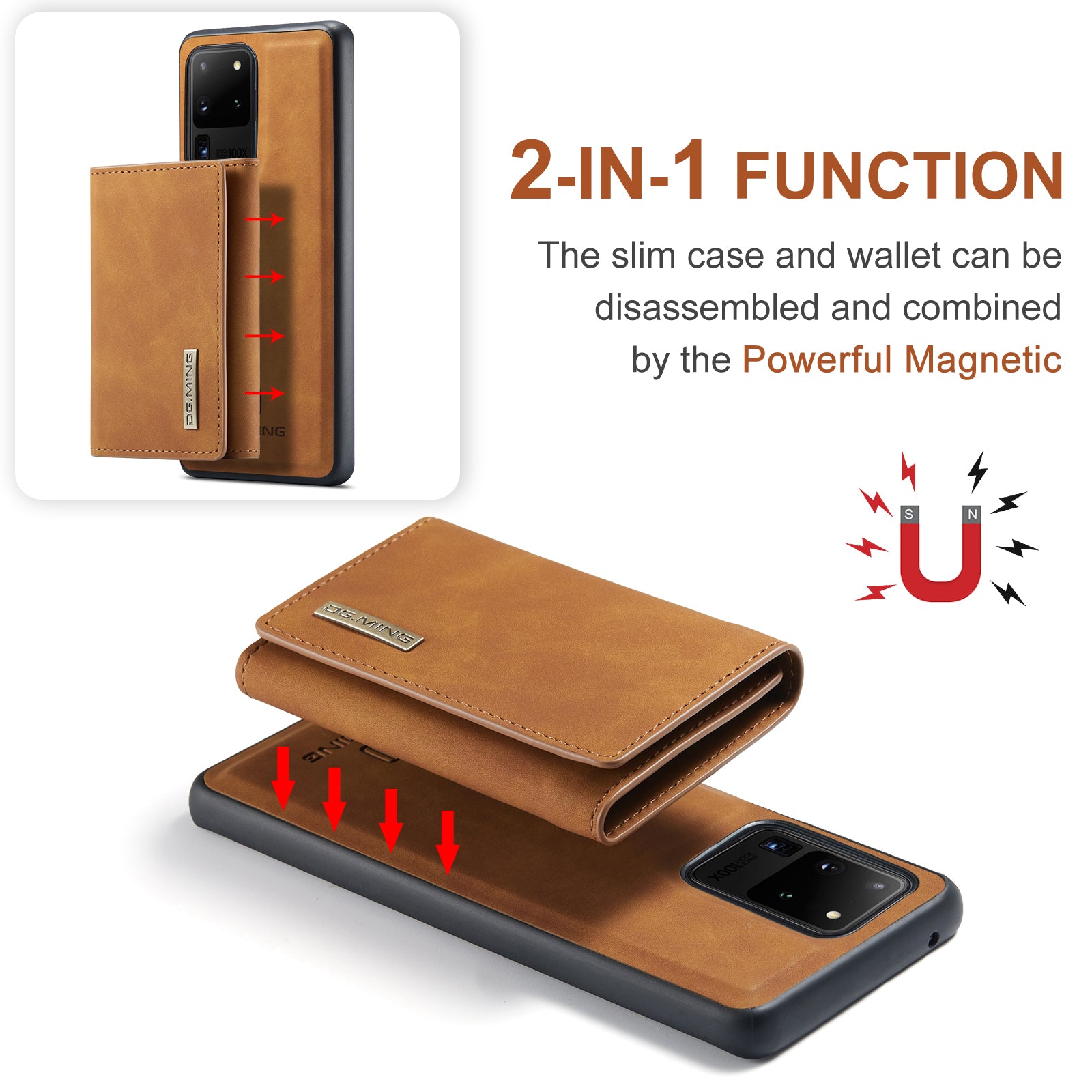 DG.MING M1 Series Magnetic Detachable 2-in-1 Leather Coated TPU + PC Hybrid Cover Shell with Wallet Kickstand for Samsung Galaxy S20 Ultra - Brown