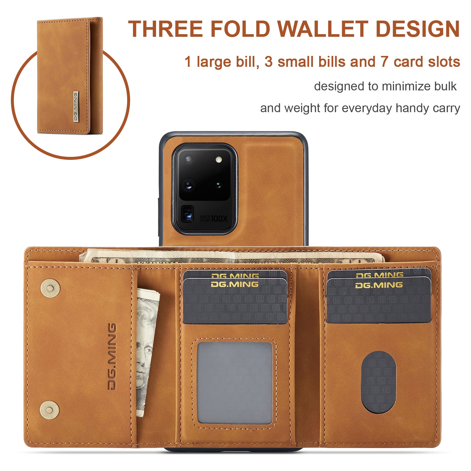 DG.MING M1 Series Magnetic Detachable 2-in-1 Leather Coated TPU + PC Hybrid Cover Shell with Wallet Kickstand for Samsung Galaxy S20 Ultra - Brown