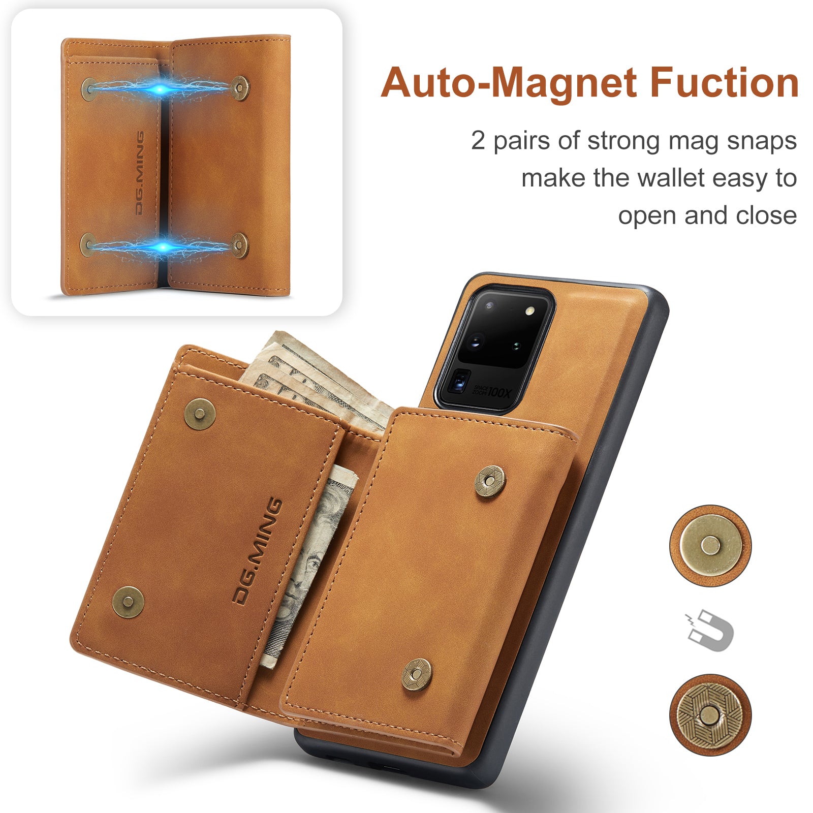 DG.MING M1 Series Magnetic Detachable 2-in-1 Leather Coated TPU + PC Hybrid Cover Shell with Wallet Kickstand for Samsung Galaxy S20 Ultra - Brown