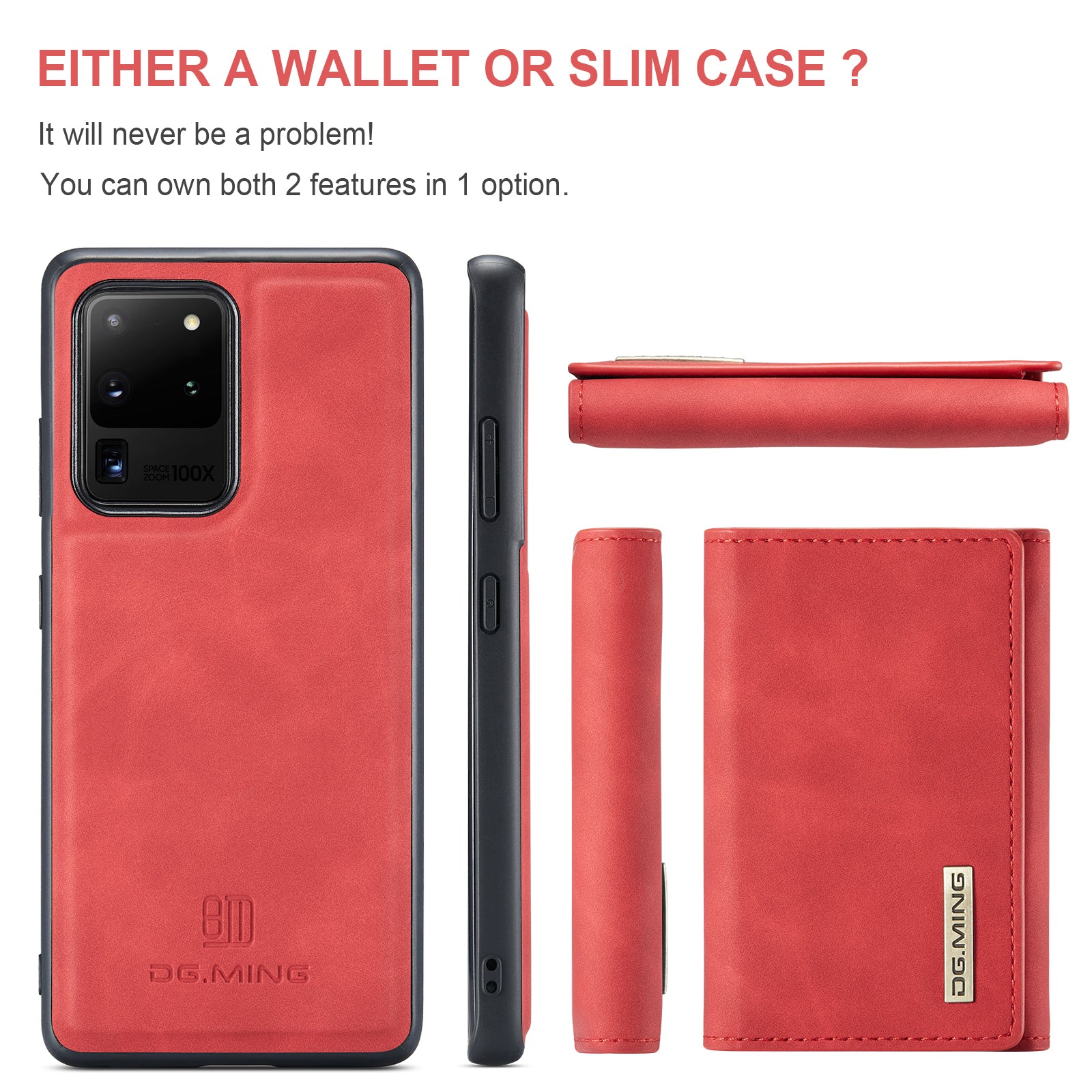 DG.MING M1 Series Magnetic Detachable 2-in-1 Leather Coated TPU + PC Hybrid Cover Shell with Wallet Kickstand for Samsung Galaxy S20 Ultra - Red