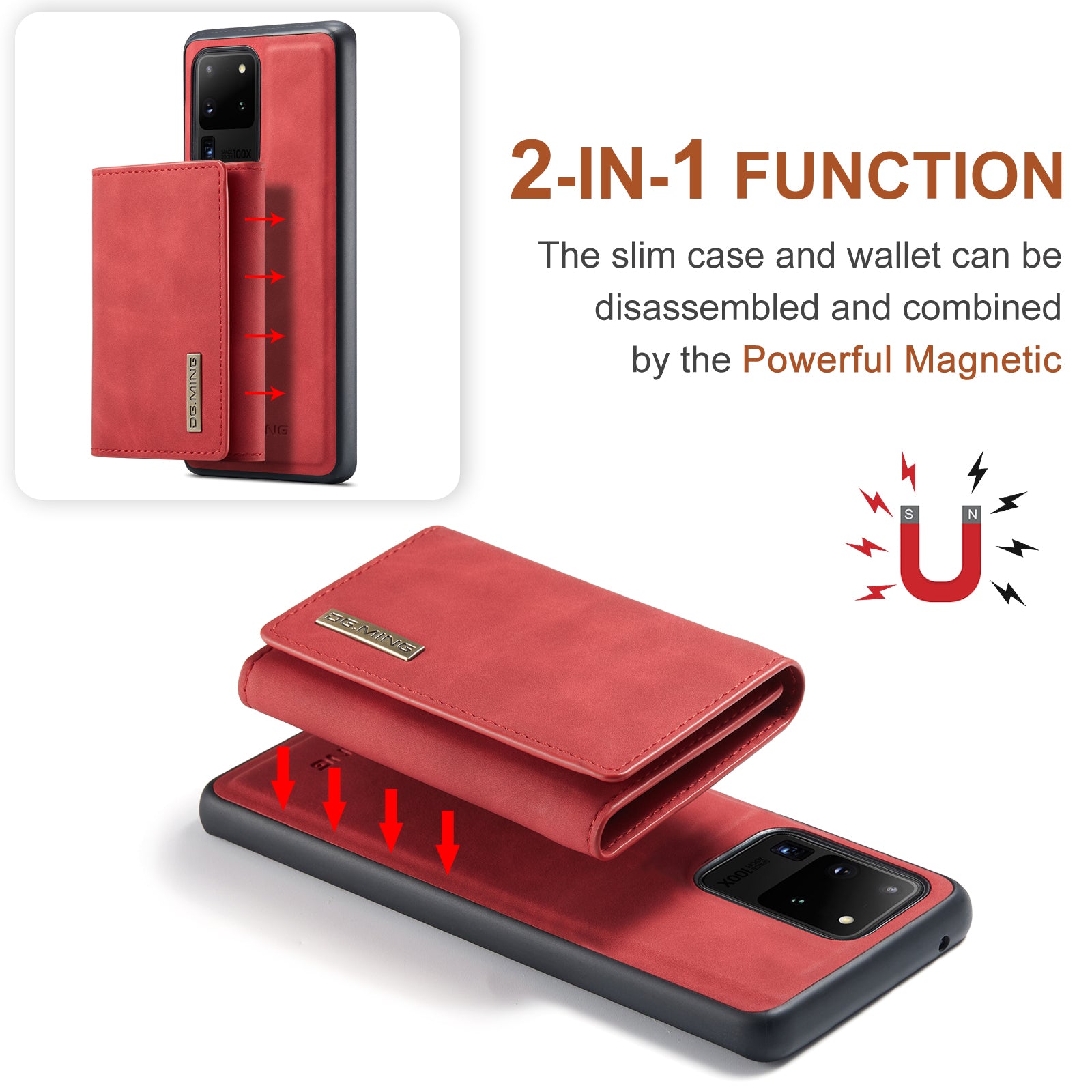 DG.MING M1 Series Magnetic Detachable 2-in-1 Leather Coated TPU + PC Hybrid Cover Shell with Wallet Kickstand for Samsung Galaxy S20 Ultra - Red