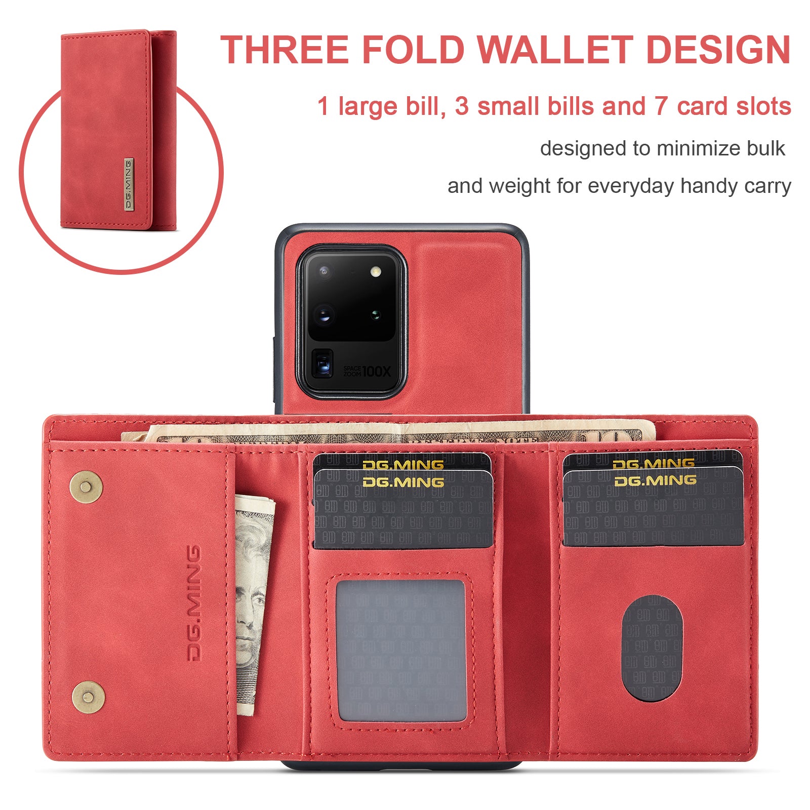 DG.MING M1 Series Magnetic Detachable 2-in-1 Leather Coated TPU + PC Hybrid Cover Shell with Wallet Kickstand for Samsung Galaxy S20 Ultra - Red