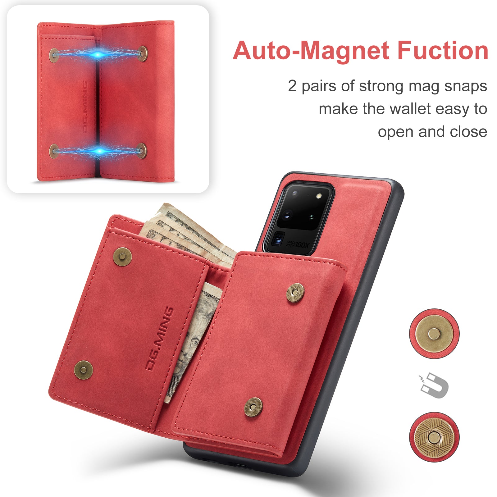 DG.MING M1 Series Magnetic Detachable 2-in-1 Leather Coated TPU + PC Hybrid Cover Shell with Wallet Kickstand for Samsung Galaxy S20 Ultra - Red