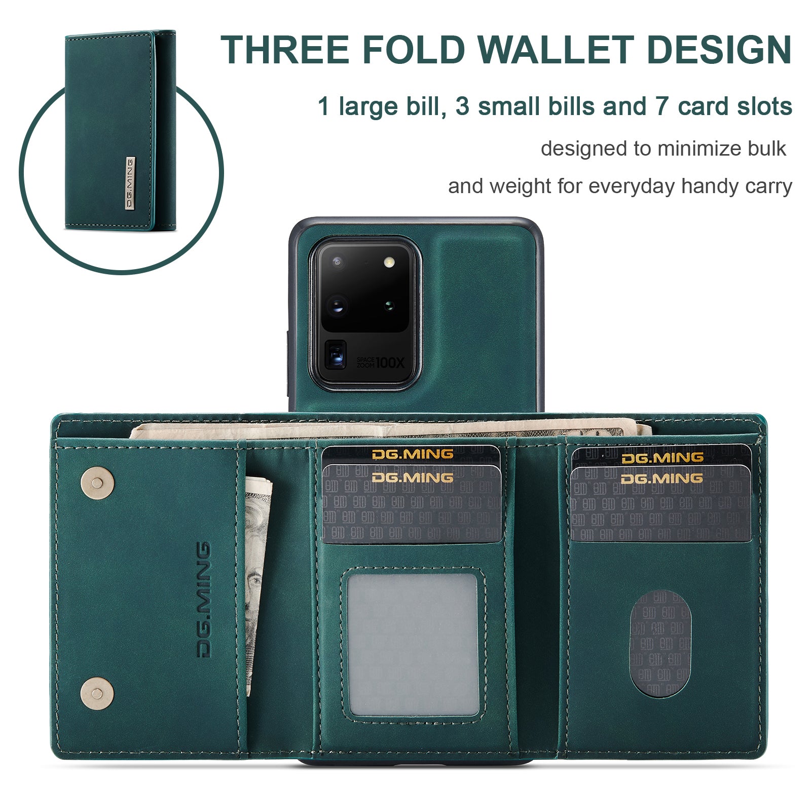 DG.MING M1 Series Magnetic Detachable 2-in-1 Leather Coated TPU + PC Hybrid Cover Shell with Wallet Kickstand for Samsung Galaxy S20 Ultra - Green