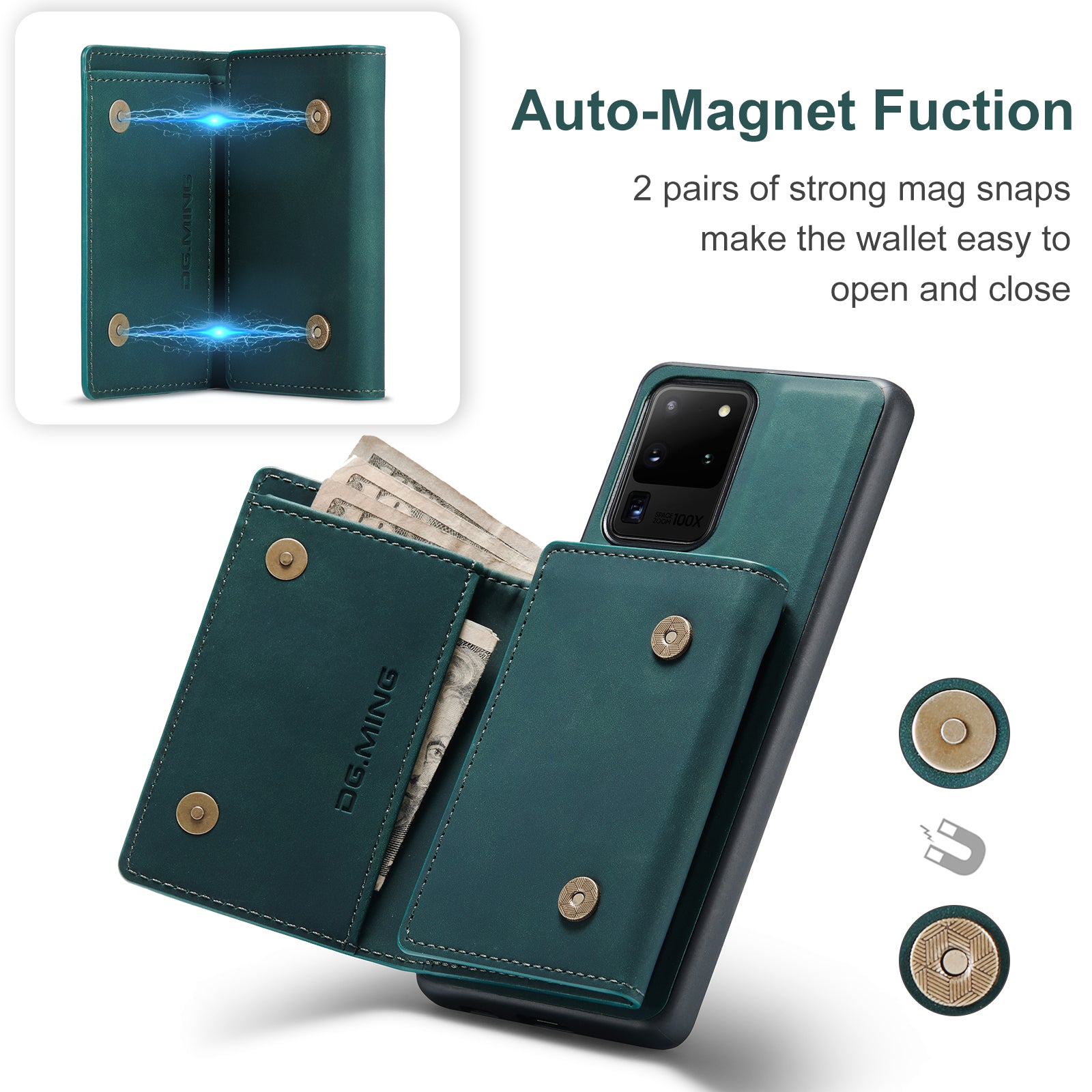 DG.MING M1 Series Magnetic Detachable 2-in-1 Leather Coated TPU + PC Hybrid Cover Shell with Wallet Kickstand for Samsung Galaxy S20 Ultra - Green