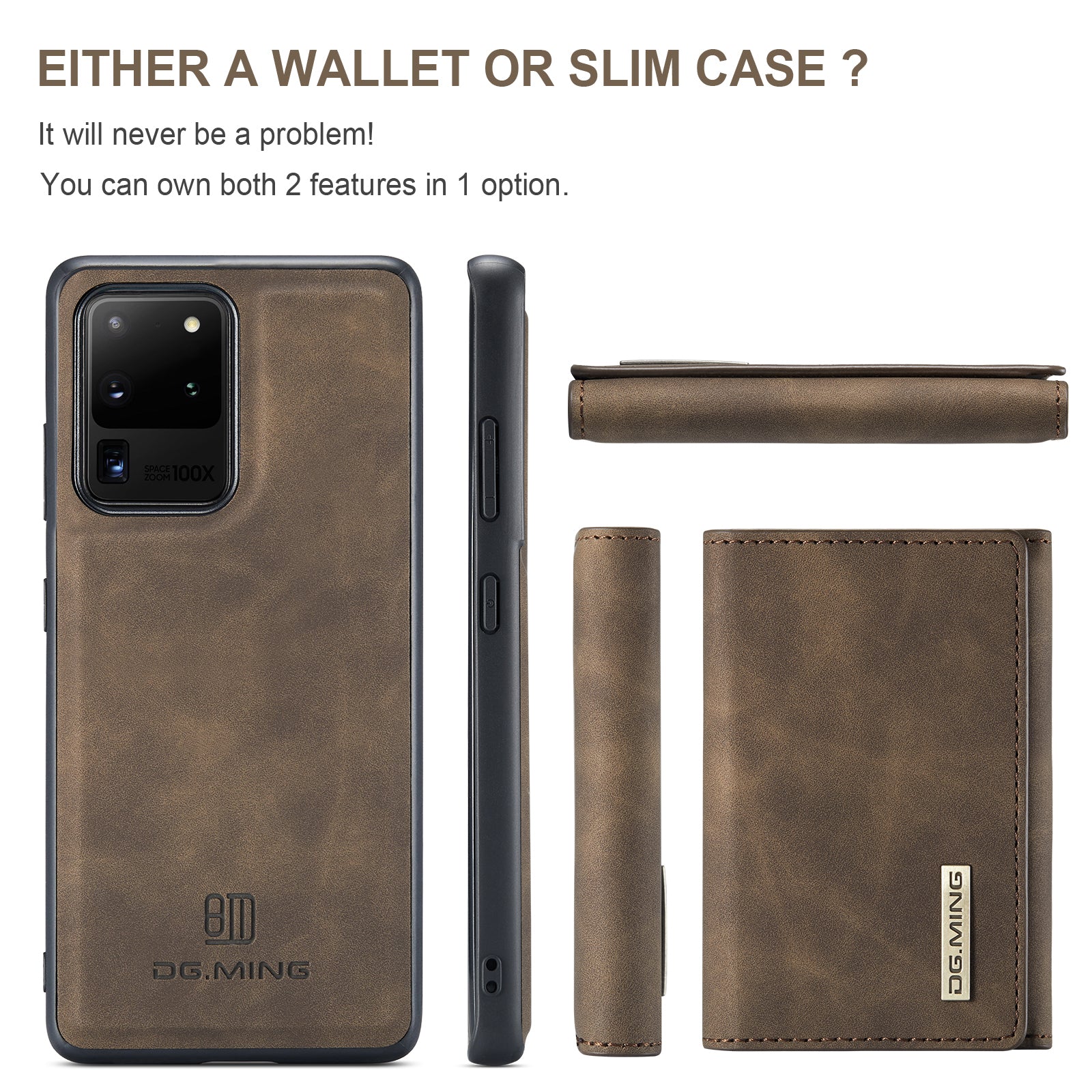 DG.MING M1 Series Magnetic Detachable 2-in-1 Leather Coated TPU + PC Hybrid Cover Shell with Wallet Kickstand for Samsung Galaxy S20 Ultra - Coffee