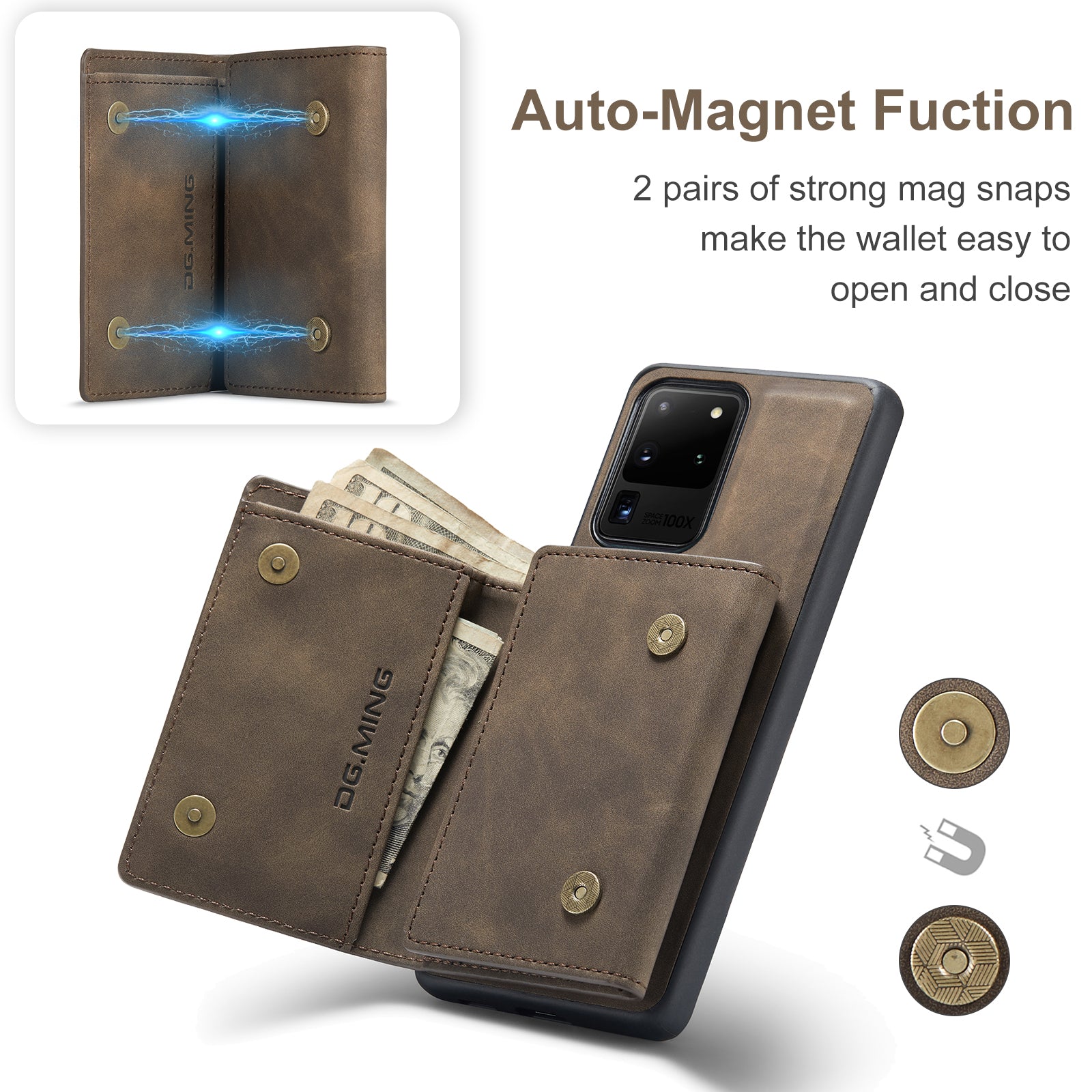 DG.MING M1 Series Magnetic Detachable 2-in-1 Leather Coated TPU + PC Hybrid Cover Shell with Wallet Kickstand for Samsung Galaxy S20 Ultra - Coffee