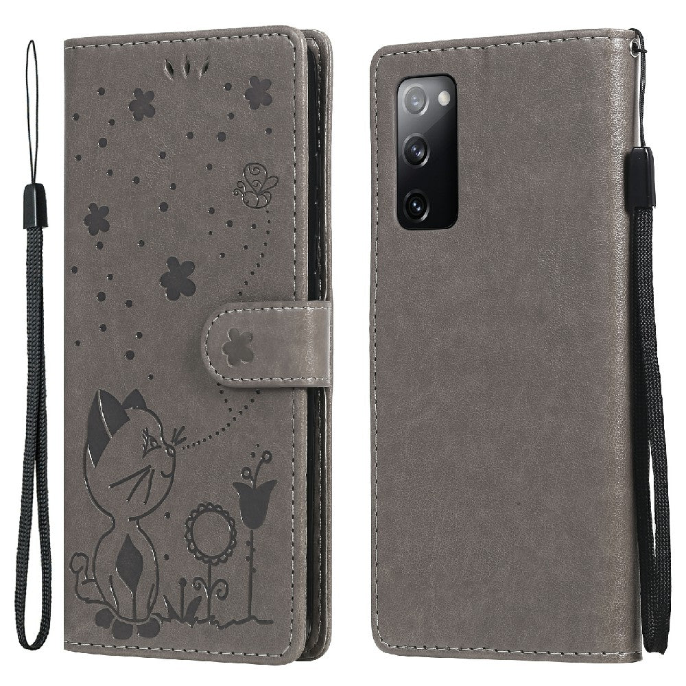 Fully-Wrapped KT Imprinting Flower Series-4 Cat and Bee Pattern Imprinting Leather Wallet Stand Case with Strap for Samsung Galaxy S20 FE 2022/S20 FE 4G/S20 FE 5G/S20 Lite - Grey