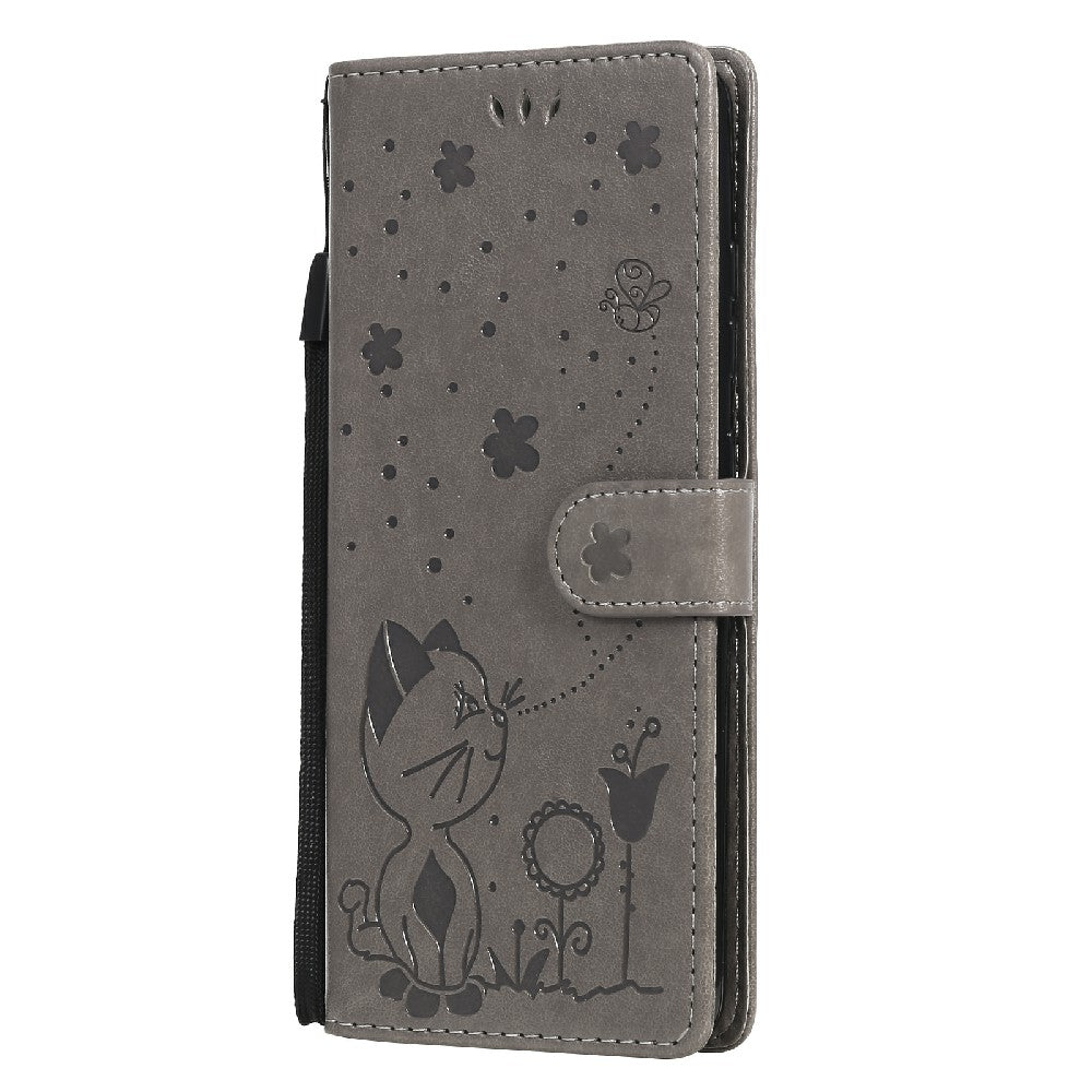 Fully-Wrapped KT Imprinting Flower Series-4 Cat and Bee Pattern Imprinting Leather Wallet Stand Case with Strap for Samsung Galaxy S20 FE 2022/S20 FE 4G/S20 FE 5G/S20 Lite - Grey