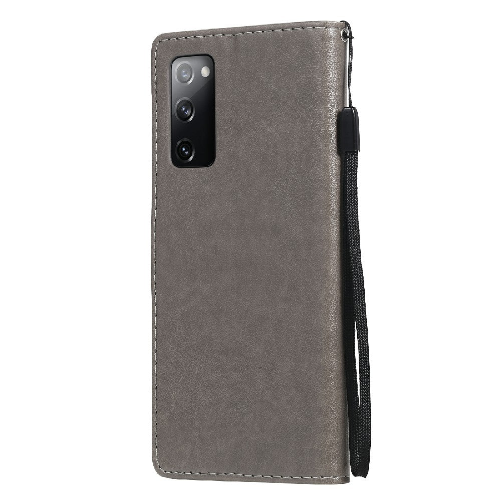 Fully-Wrapped KT Imprinting Flower Series-4 Cat and Bee Pattern Imprinting Leather Wallet Stand Case with Strap for Samsung Galaxy S20 FE 2022/S20 FE 4G/S20 FE 5G/S20 Lite - Grey