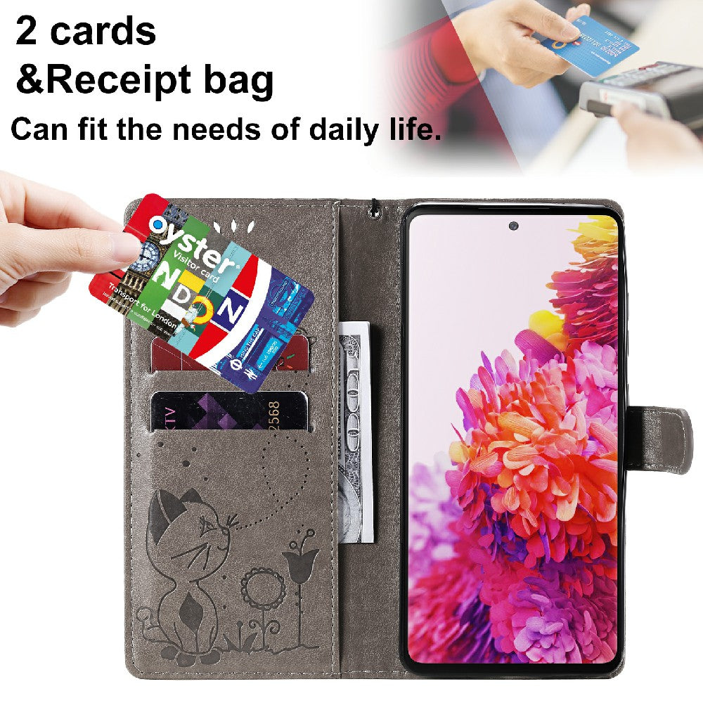 Fully-Wrapped KT Imprinting Flower Series-4 Cat and Bee Pattern Imprinting Leather Wallet Stand Case with Strap for Samsung Galaxy S20 FE 2022/S20 FE 4G/S20 FE 5G/S20 Lite - Grey